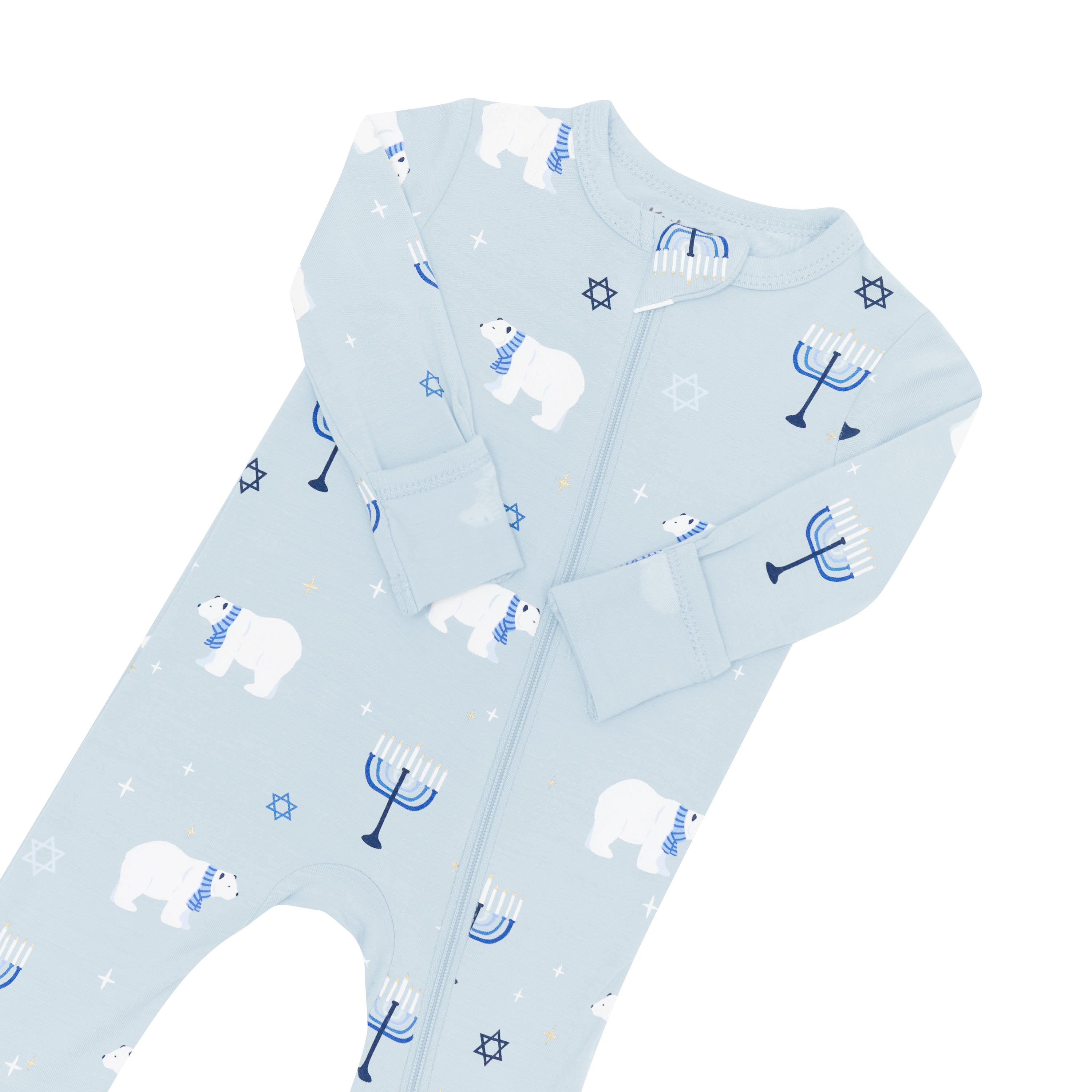 Zipper garage and fold over hand cuffs shown on the Zippered Romper in Polar Lights