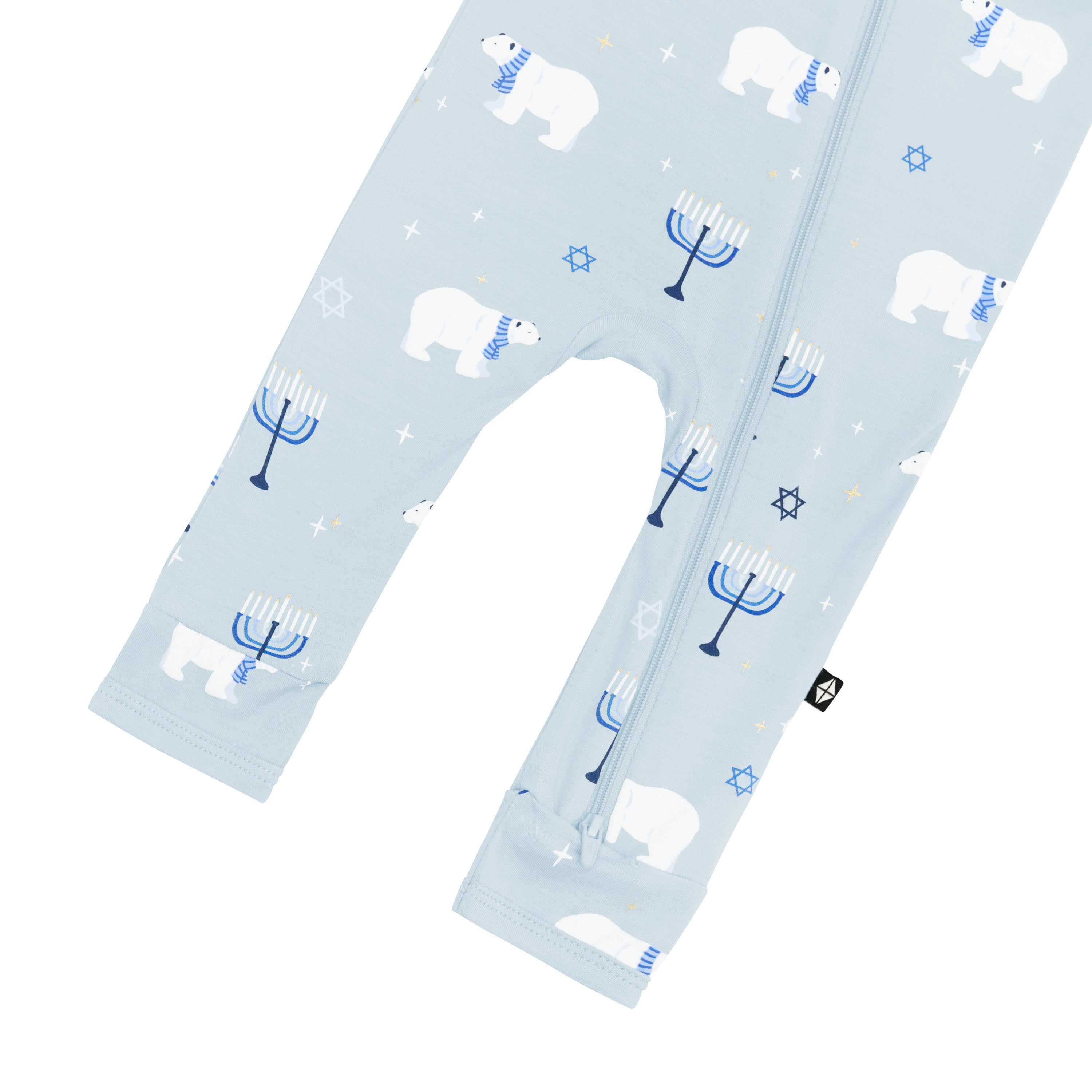 Bottom zipper shown on the leg of the Zippered Romper in Polar Lights