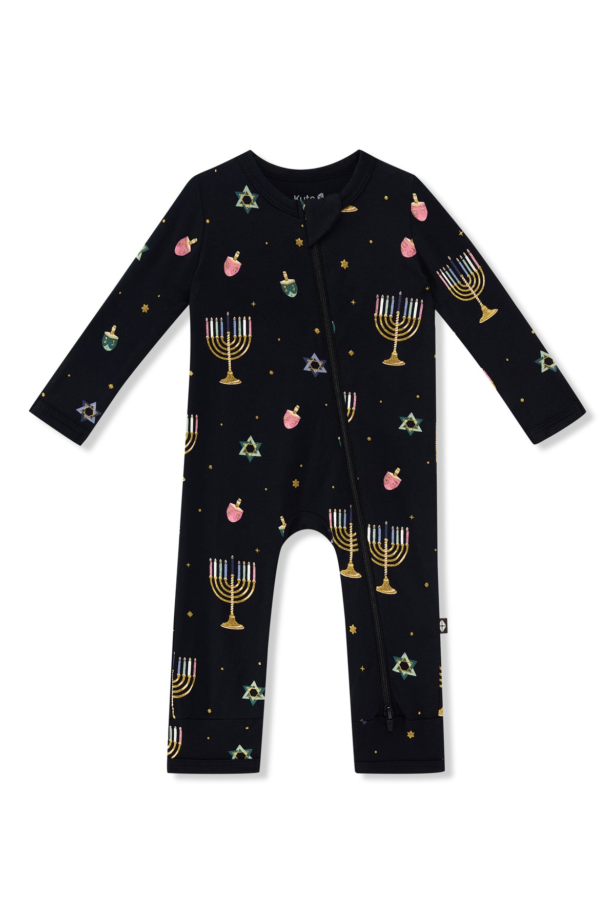 Black Zippered Romper in Hanukkah Nights print on a white background