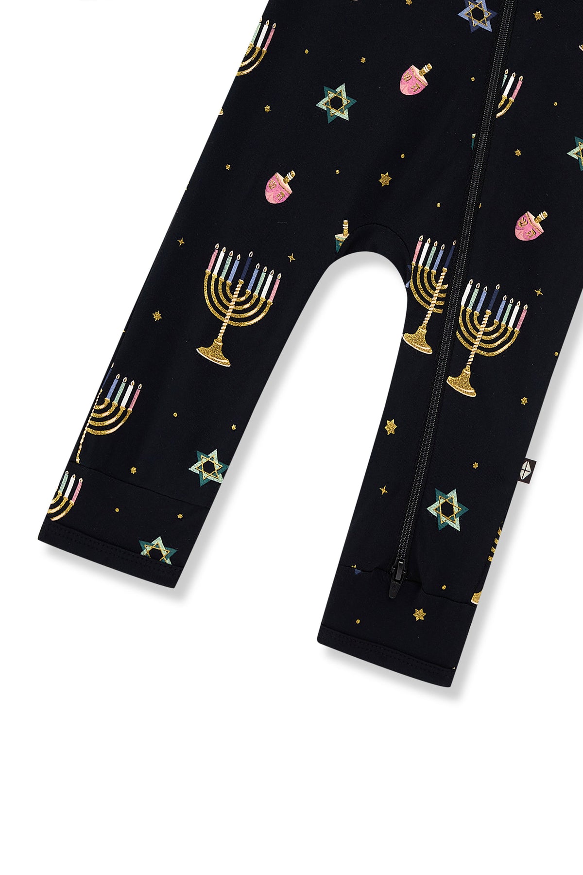 Bottom part of Black Zippered Romper in Hanukkah Nights print on a white background
