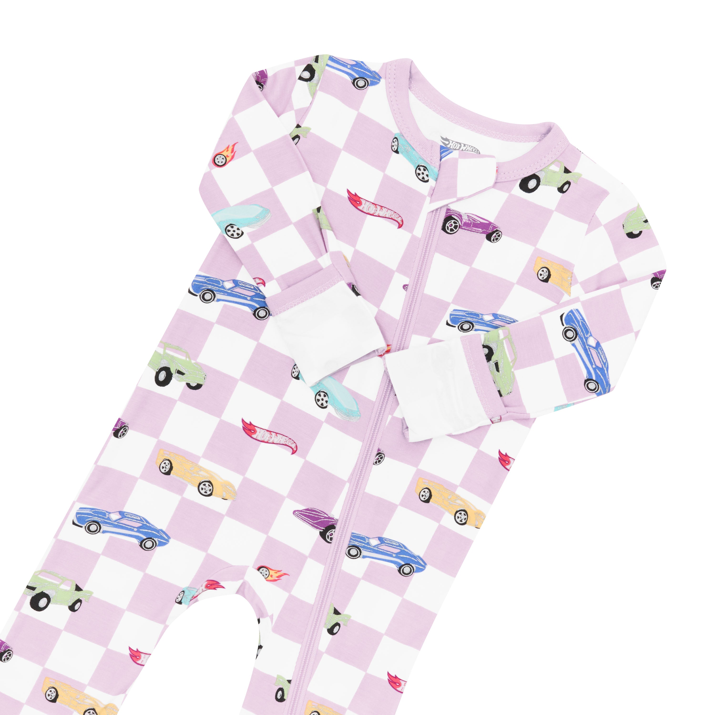 Zipper garage and fold over hand cuffs on the Zippered Romper in Sparkles and Speed
