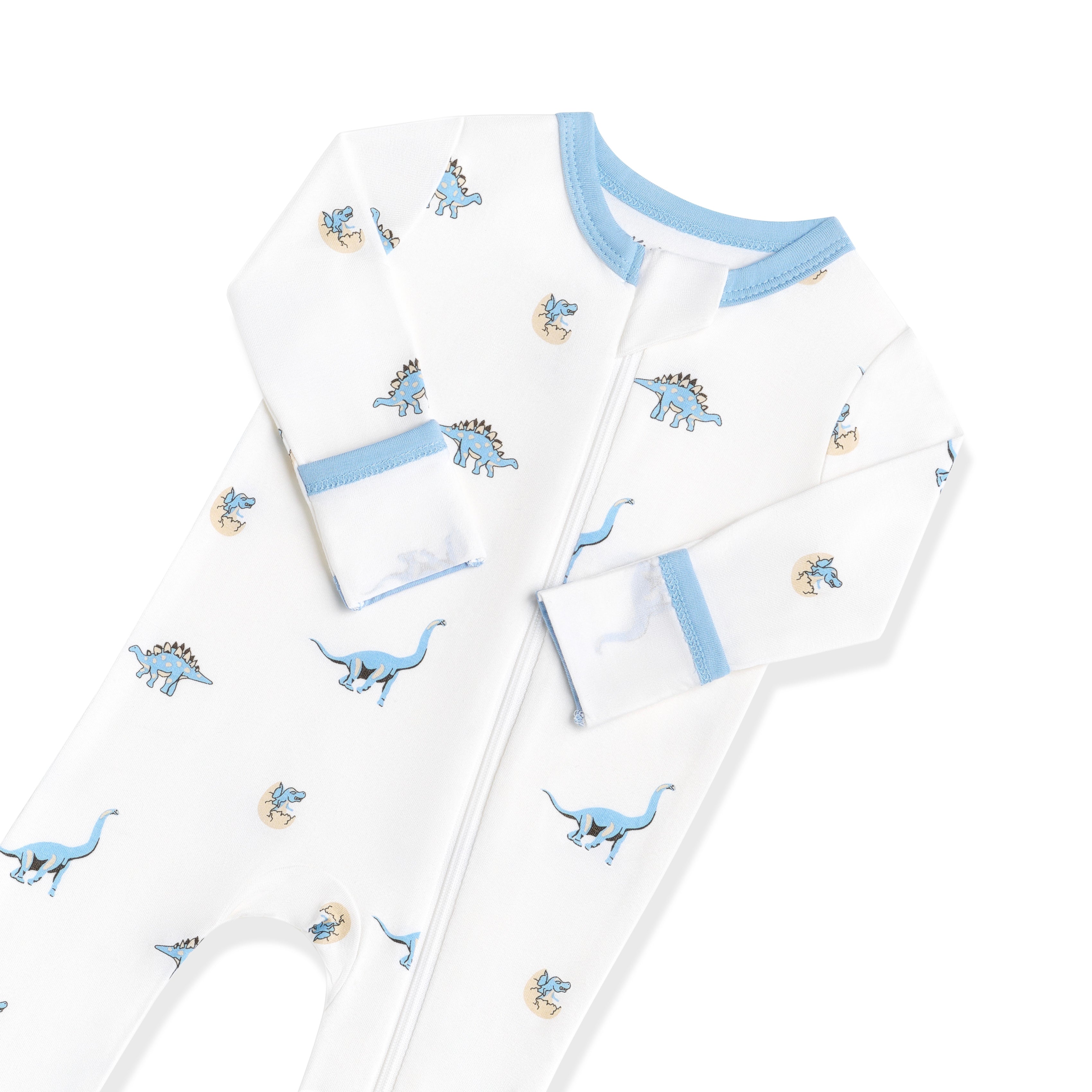 Zipper garage and fold over hand cuffs shown on the Zippered Romper in Jurassic