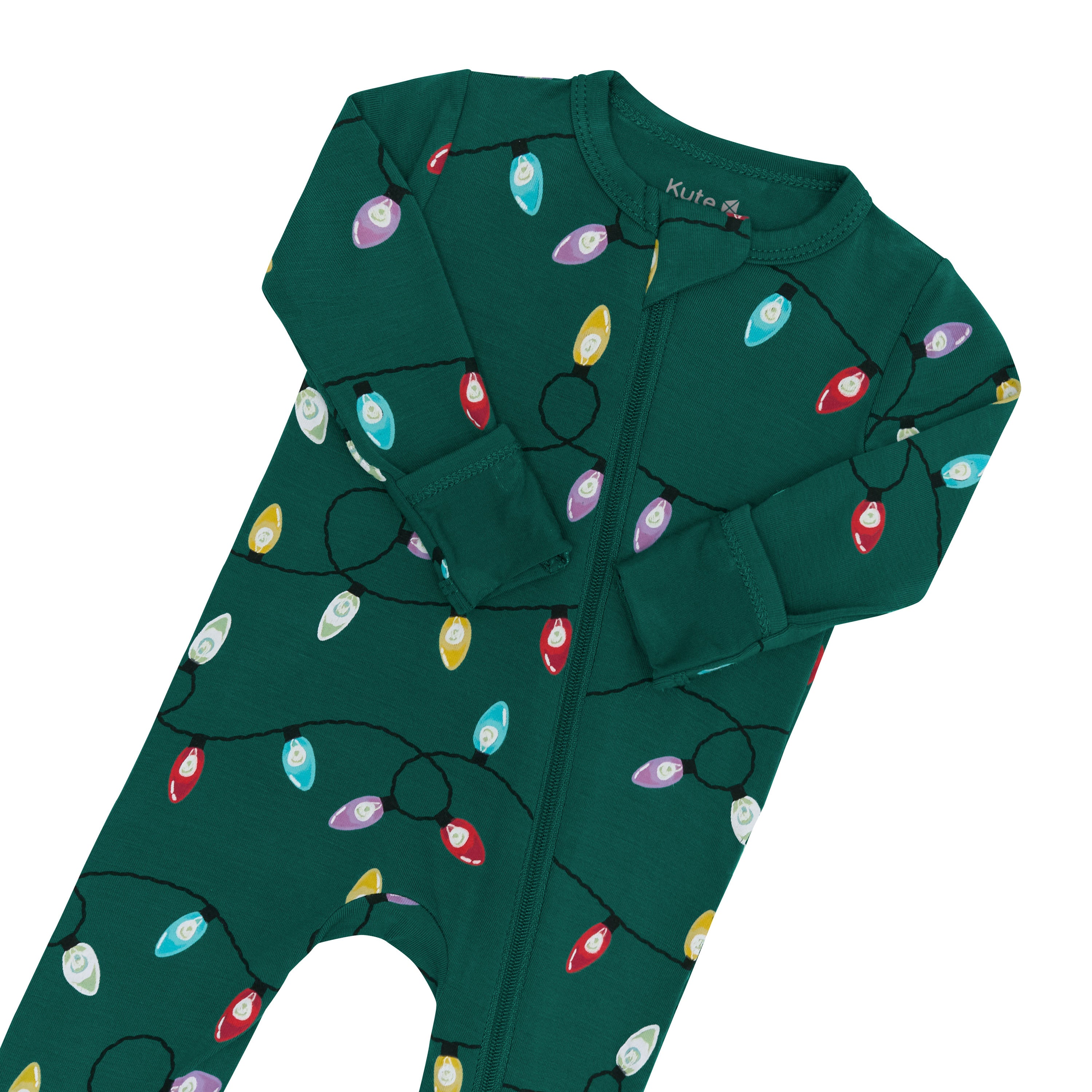 Close up of the zipper garage and fold over hand cuffs shown on the Zippered Romper in Merry and Bright