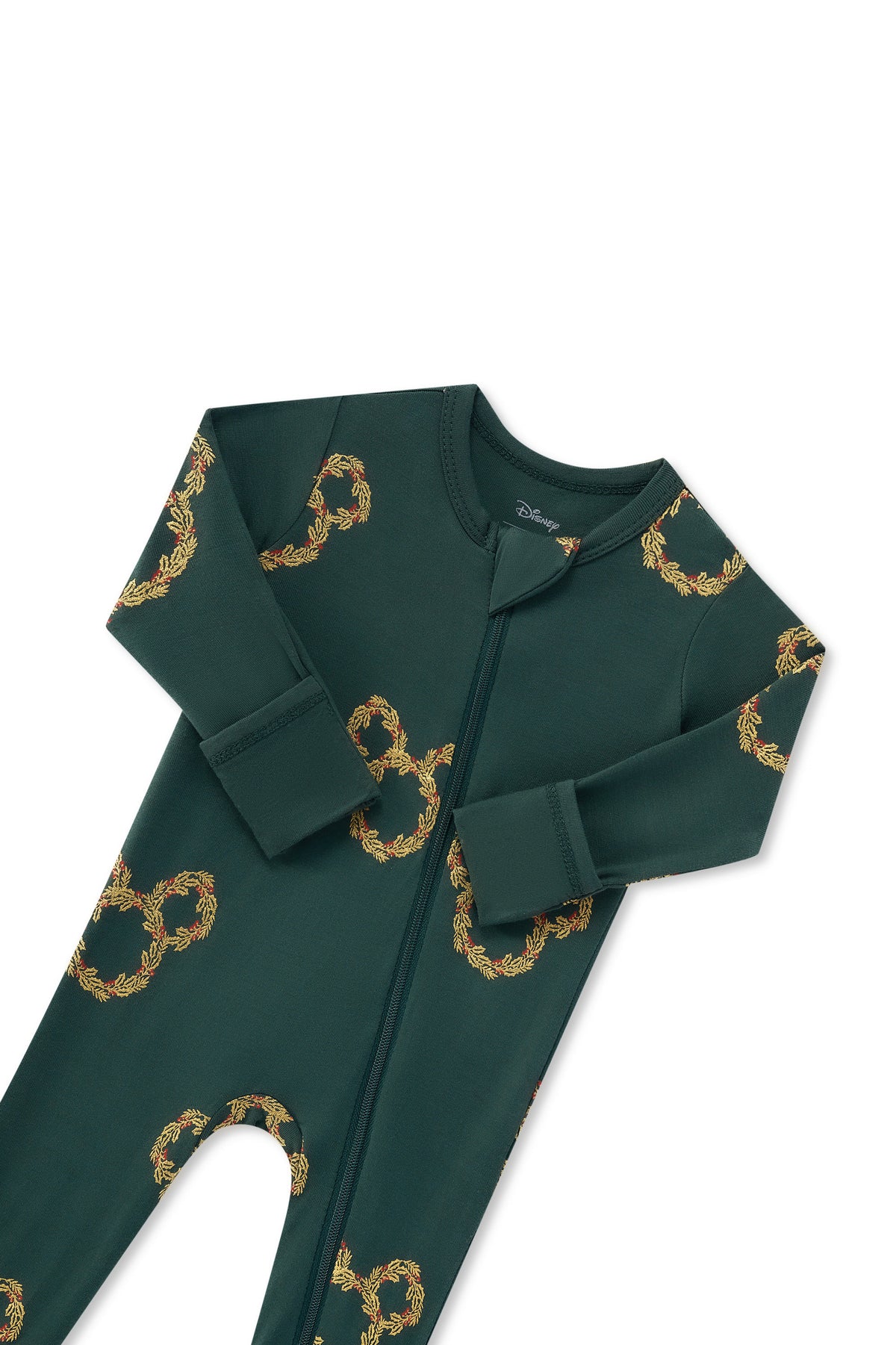 Zippered Romper in Mickey Christmas Wreath print with zipper garage on a white background
