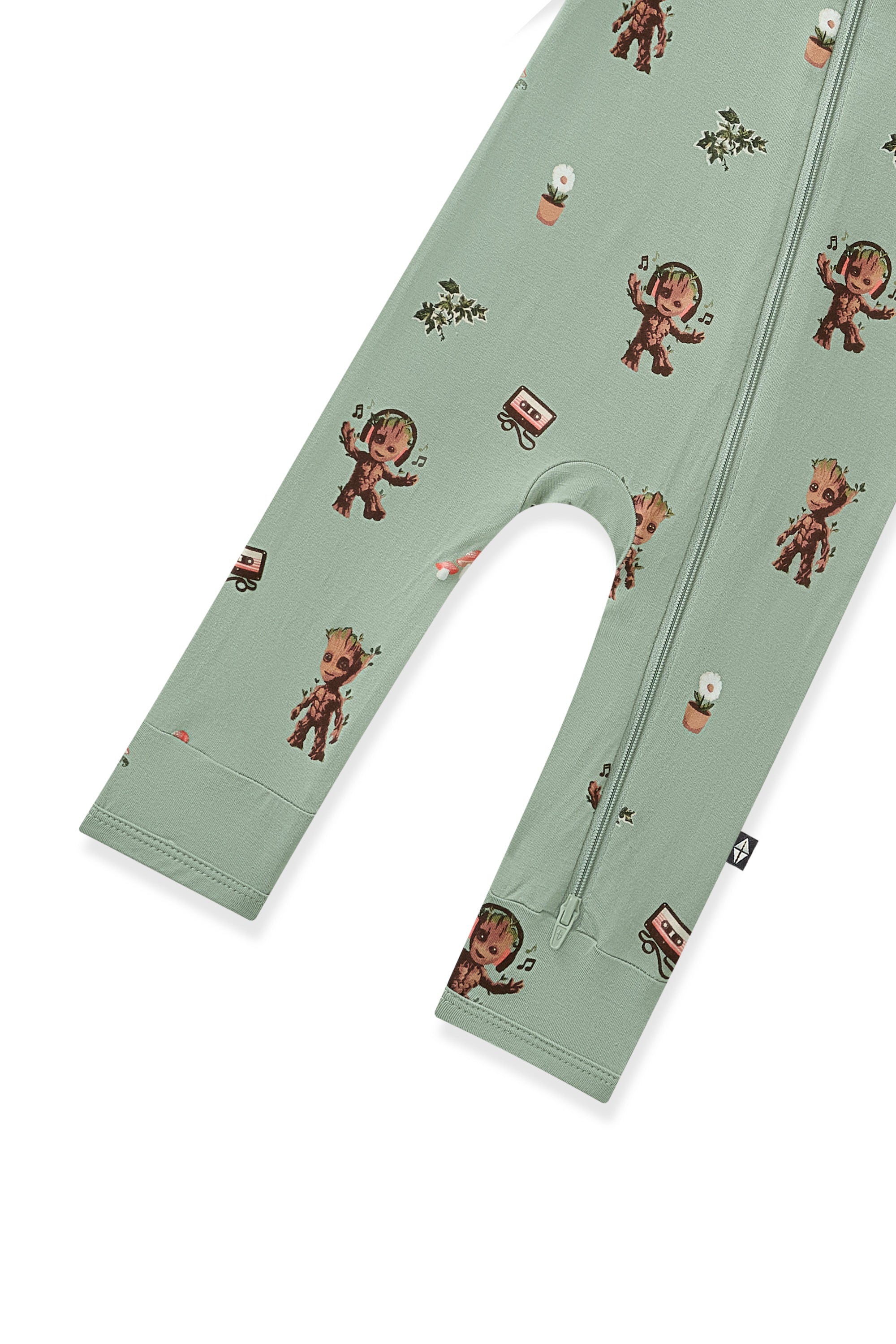 Bottom part of Green Zippered Romper in Groot print on white background