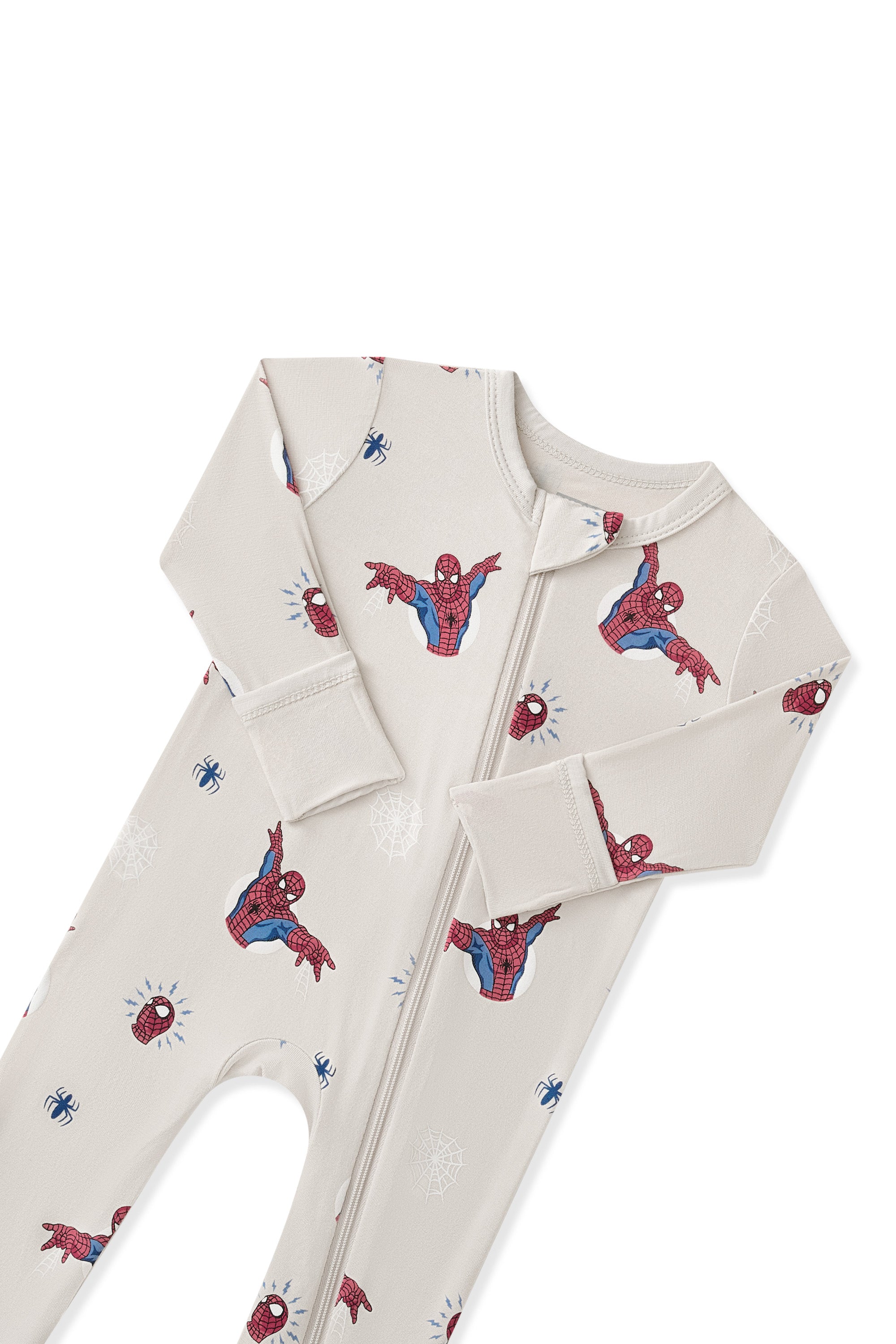 Oat Zippered Romper with Spider-Man print with zipper garage on a white background