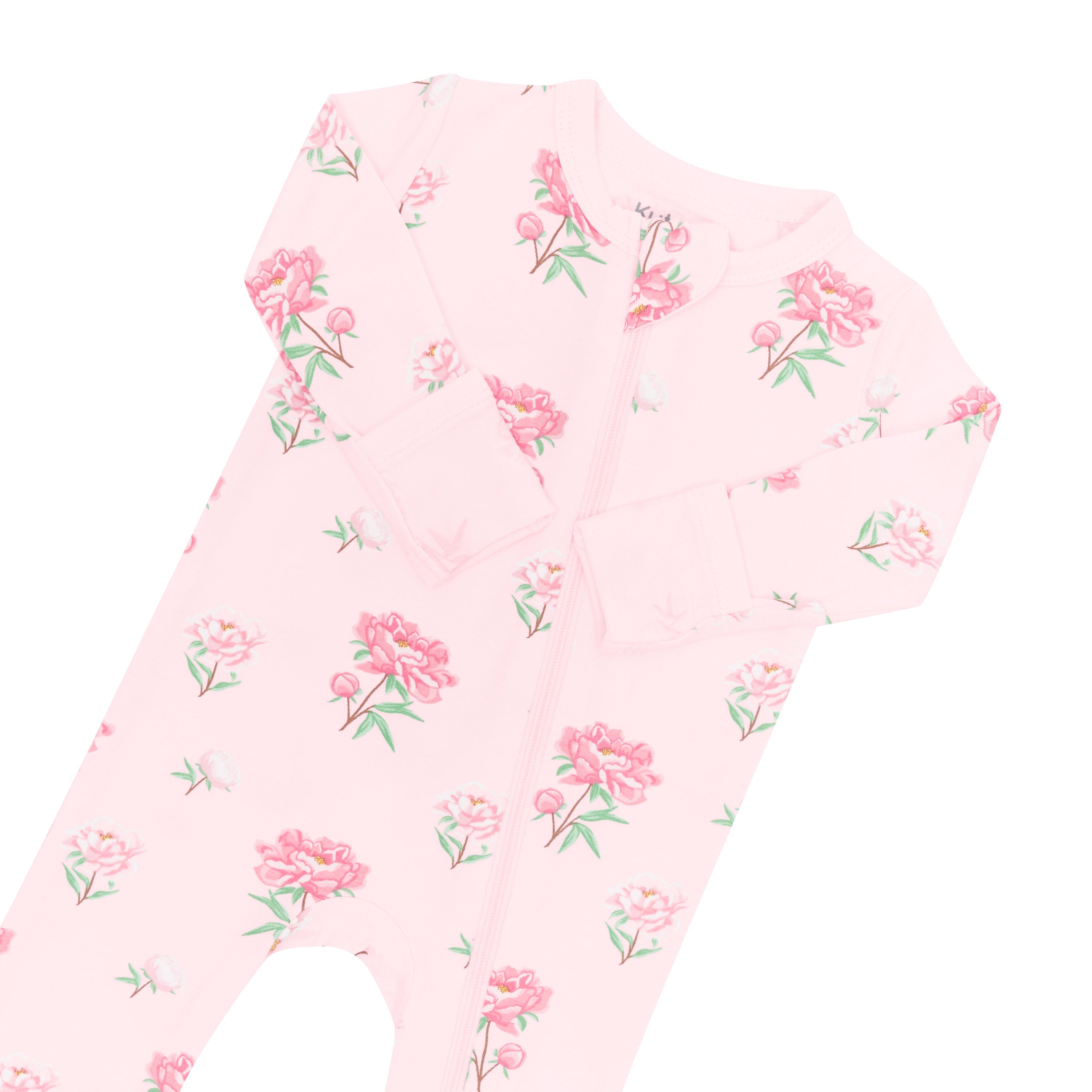 Zipper garage and fold over cuffs on the Zippered Romper in Sakura Peony