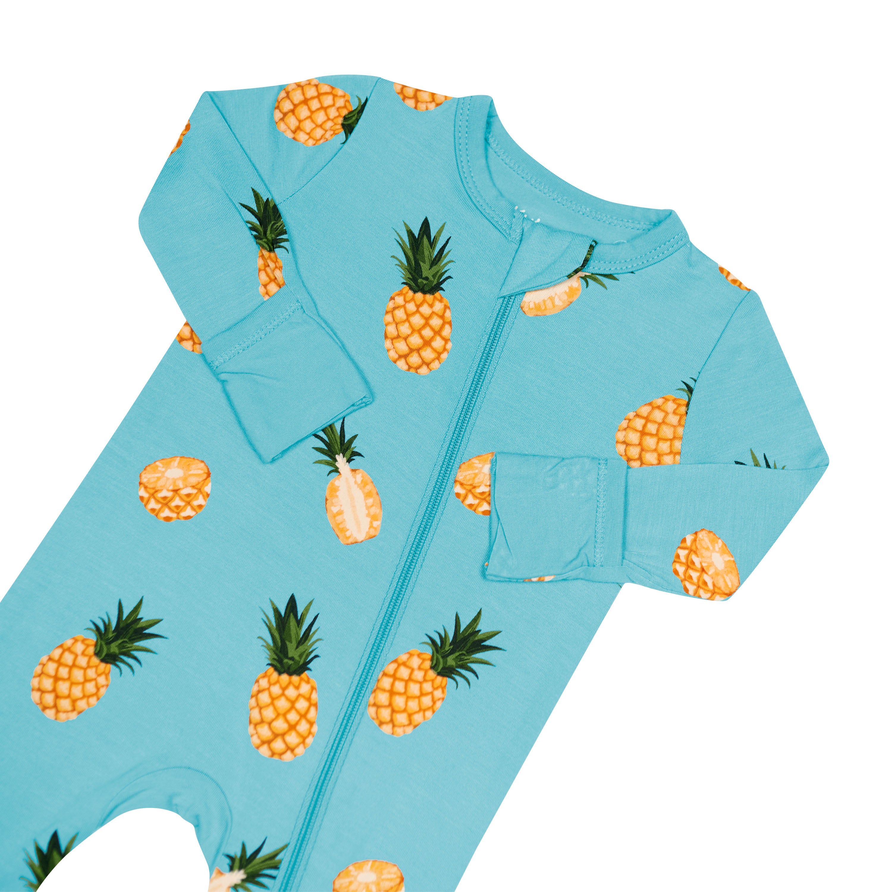 Zippered Romper in Pineapple close up on mitten and zipper garage