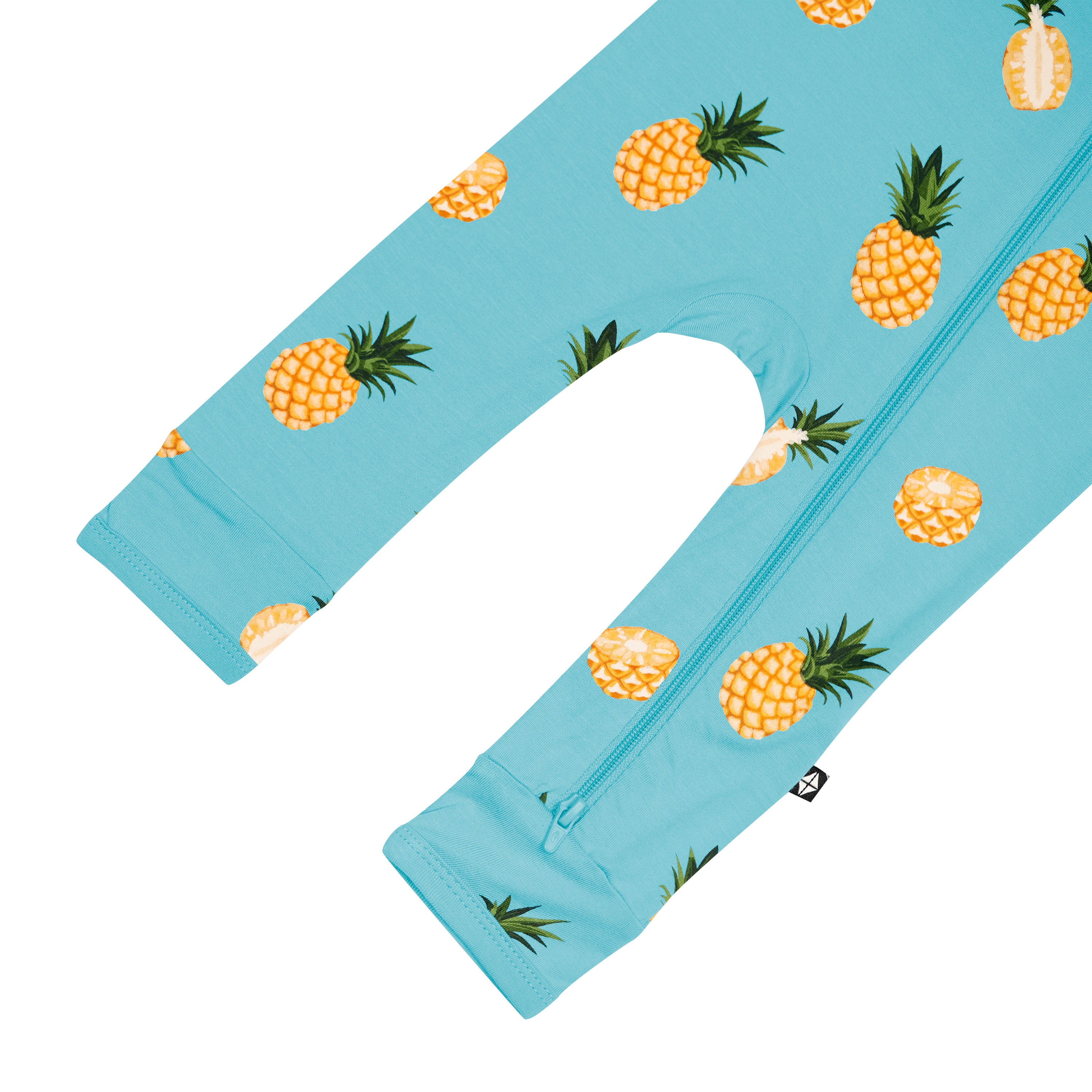 Zippered Romper in Pineapple close up on dual zipper