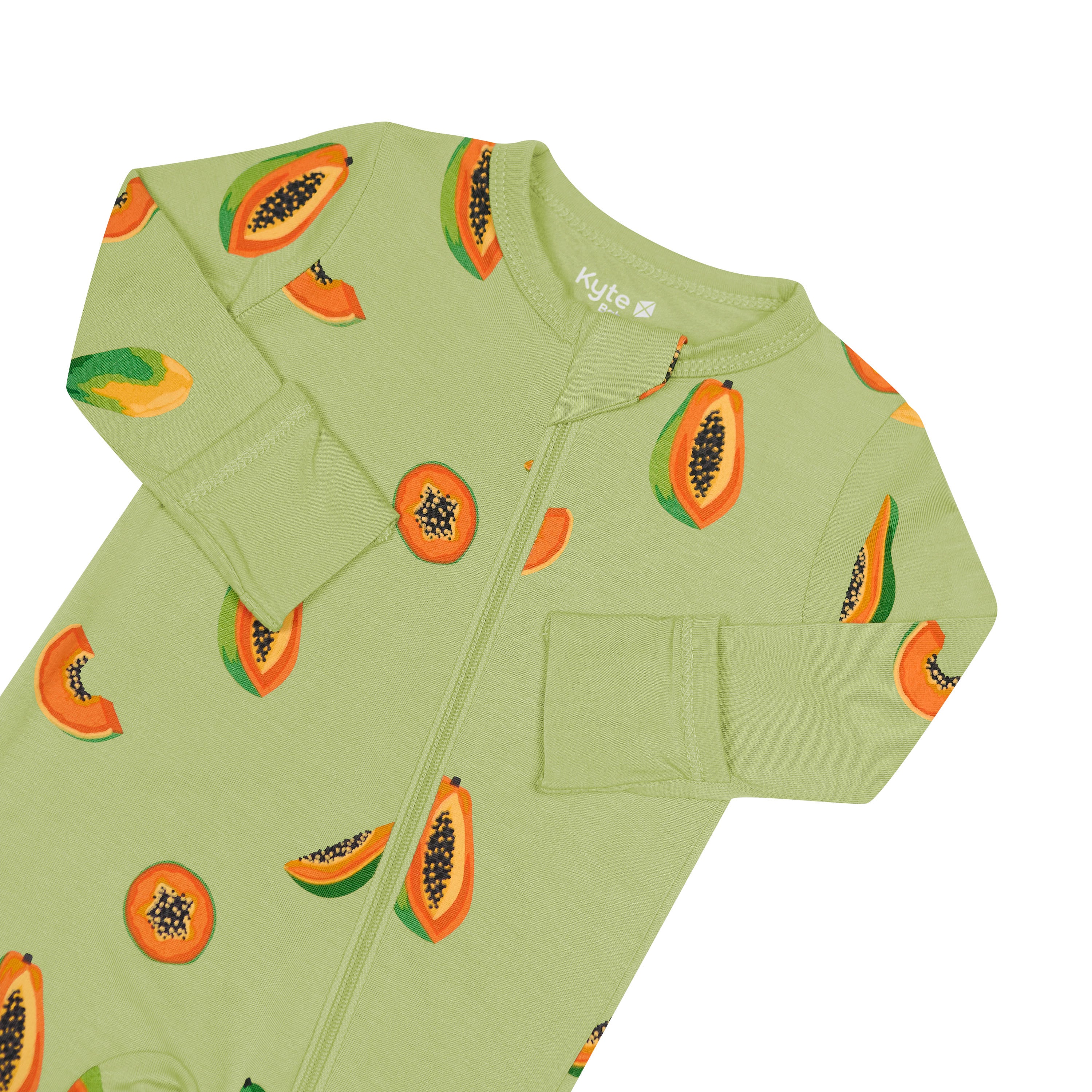 Zippered Romper in Papaya close up on mitten and zipper garage