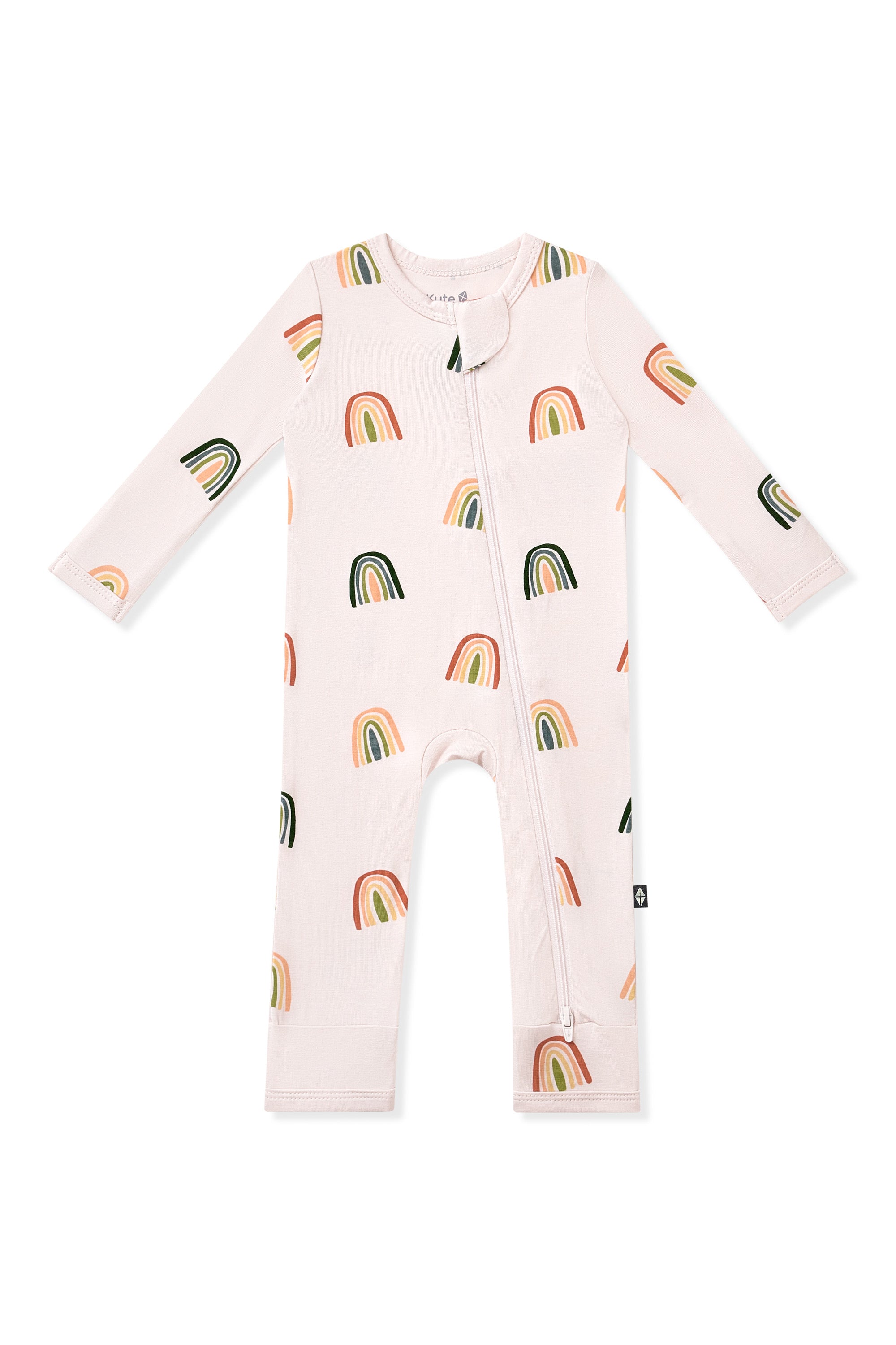 Vanilla Cream Zippered Romper in Retro Rainbow print on a white background