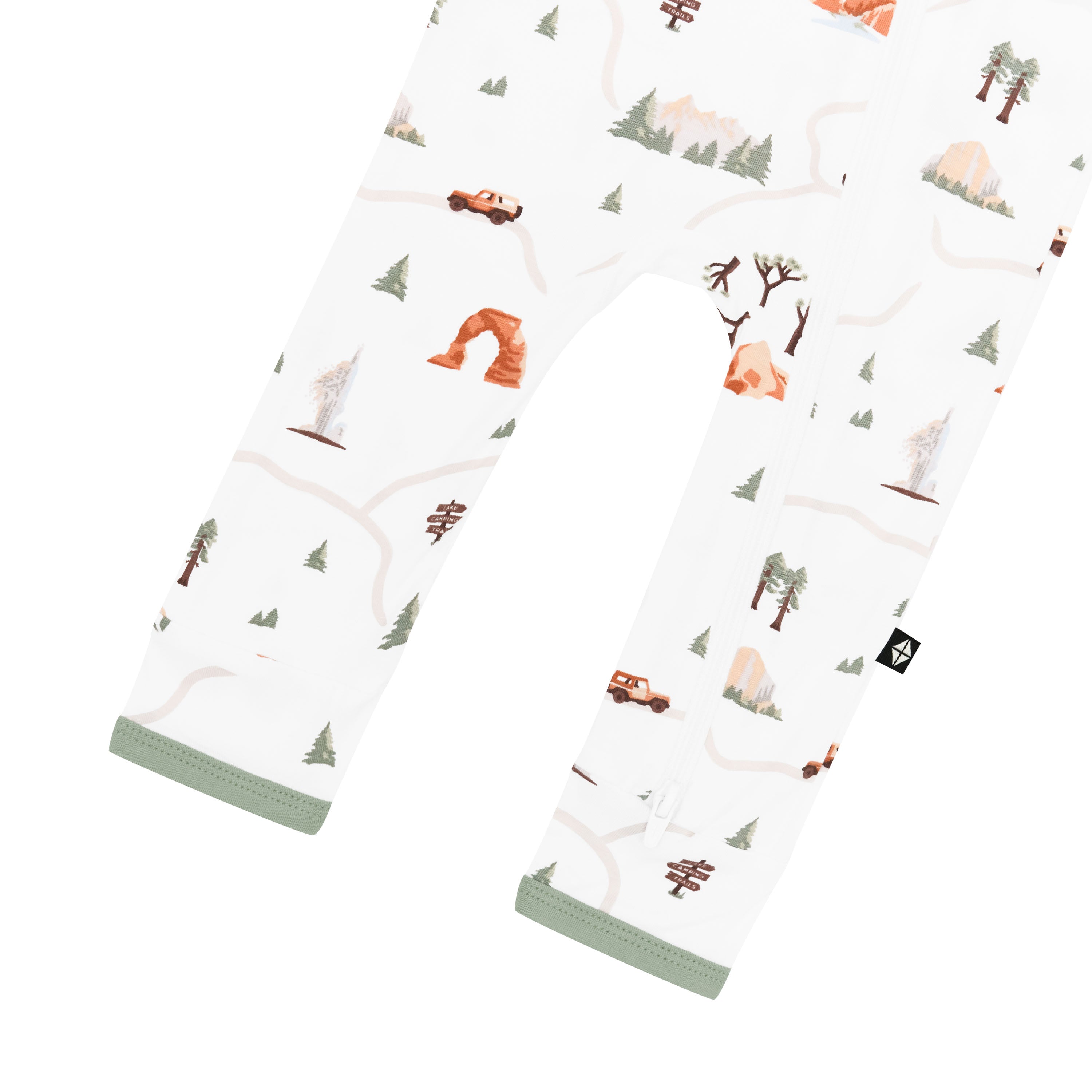 Double zipper shown on the leg of the Zippered Romper in Road Trip