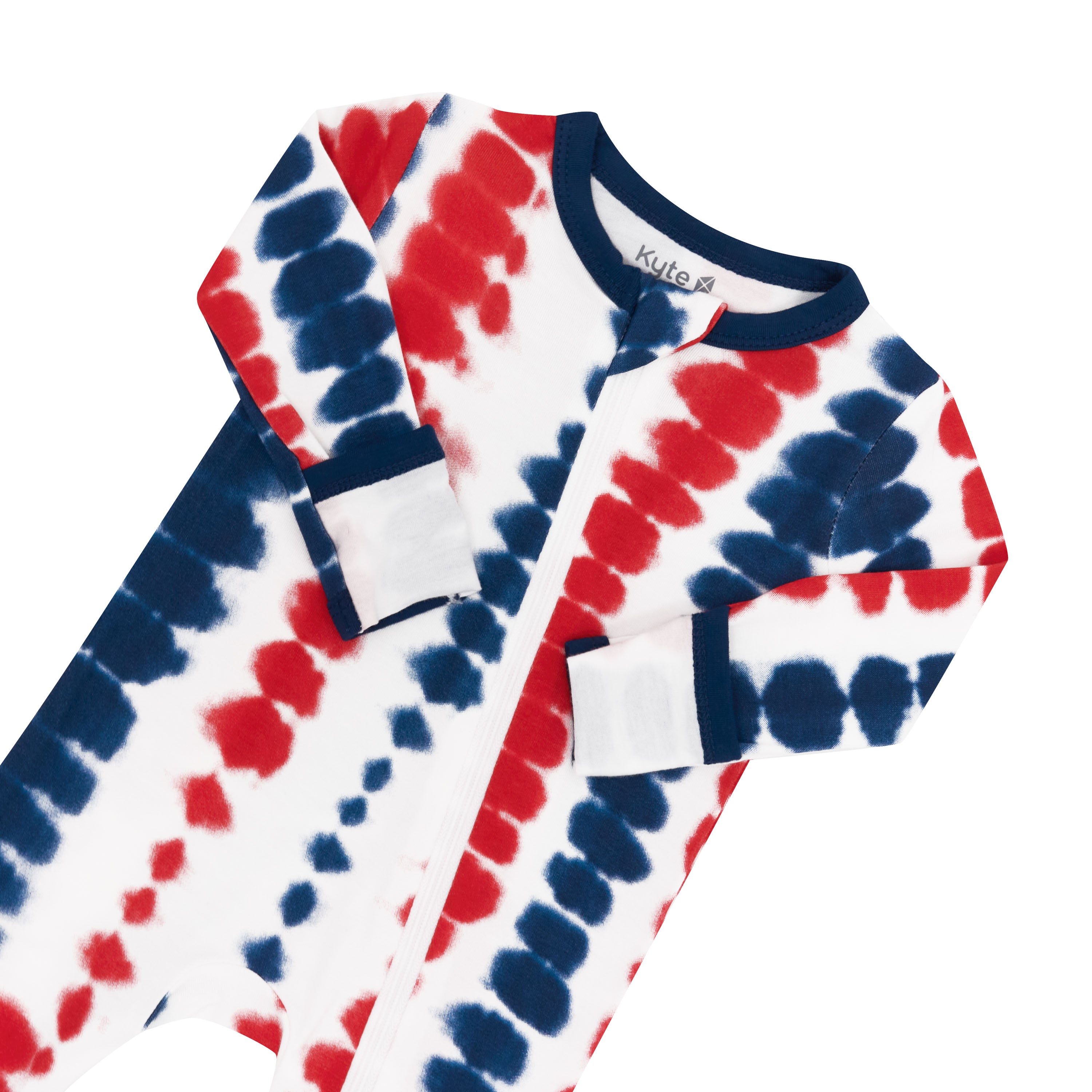 Zipper garage and fold over cuffs on Zippered Romper in Liberty Rip Tide
