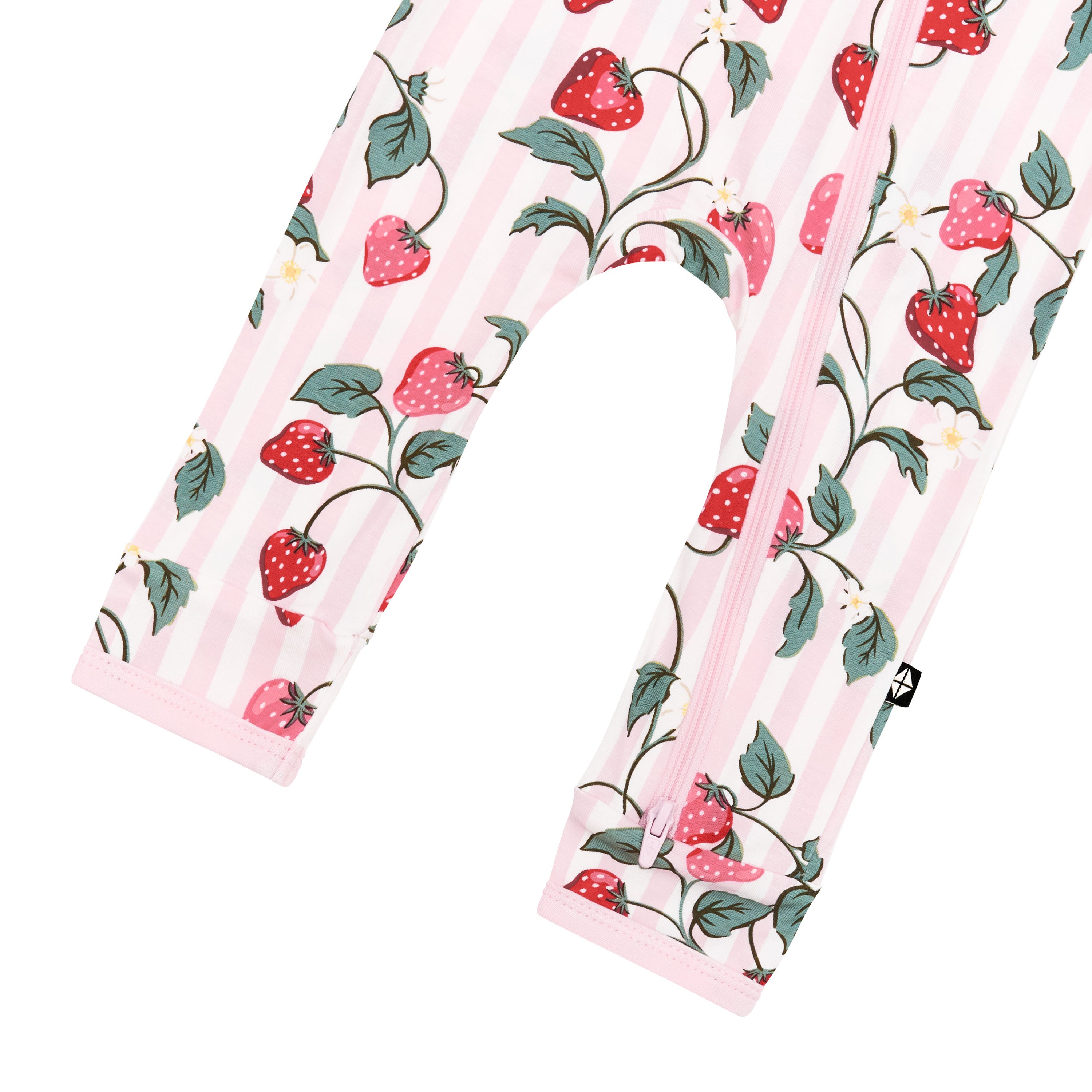 Zipper closure shown on the leg of the Zippered Romper in Strawberry Fields