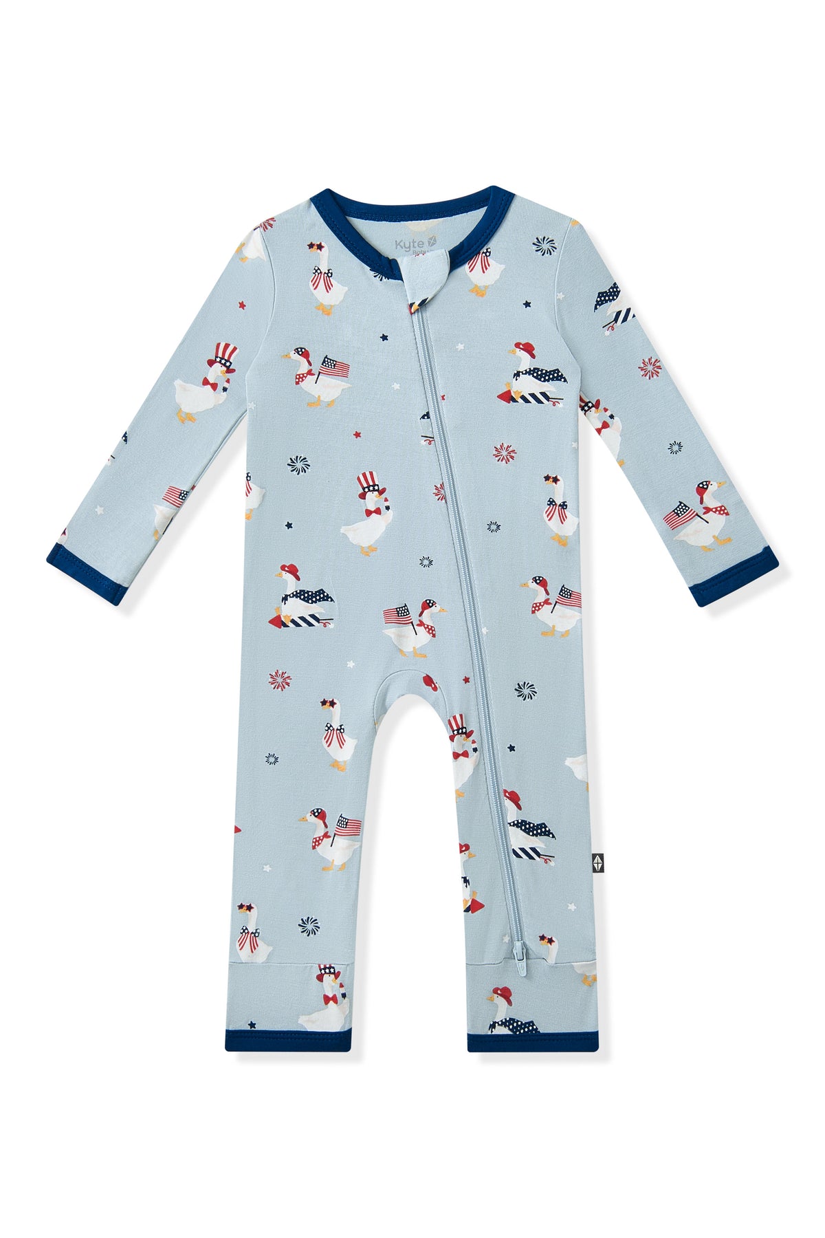 Light blue Zippered Romper in Patriotic Goose print on a white background