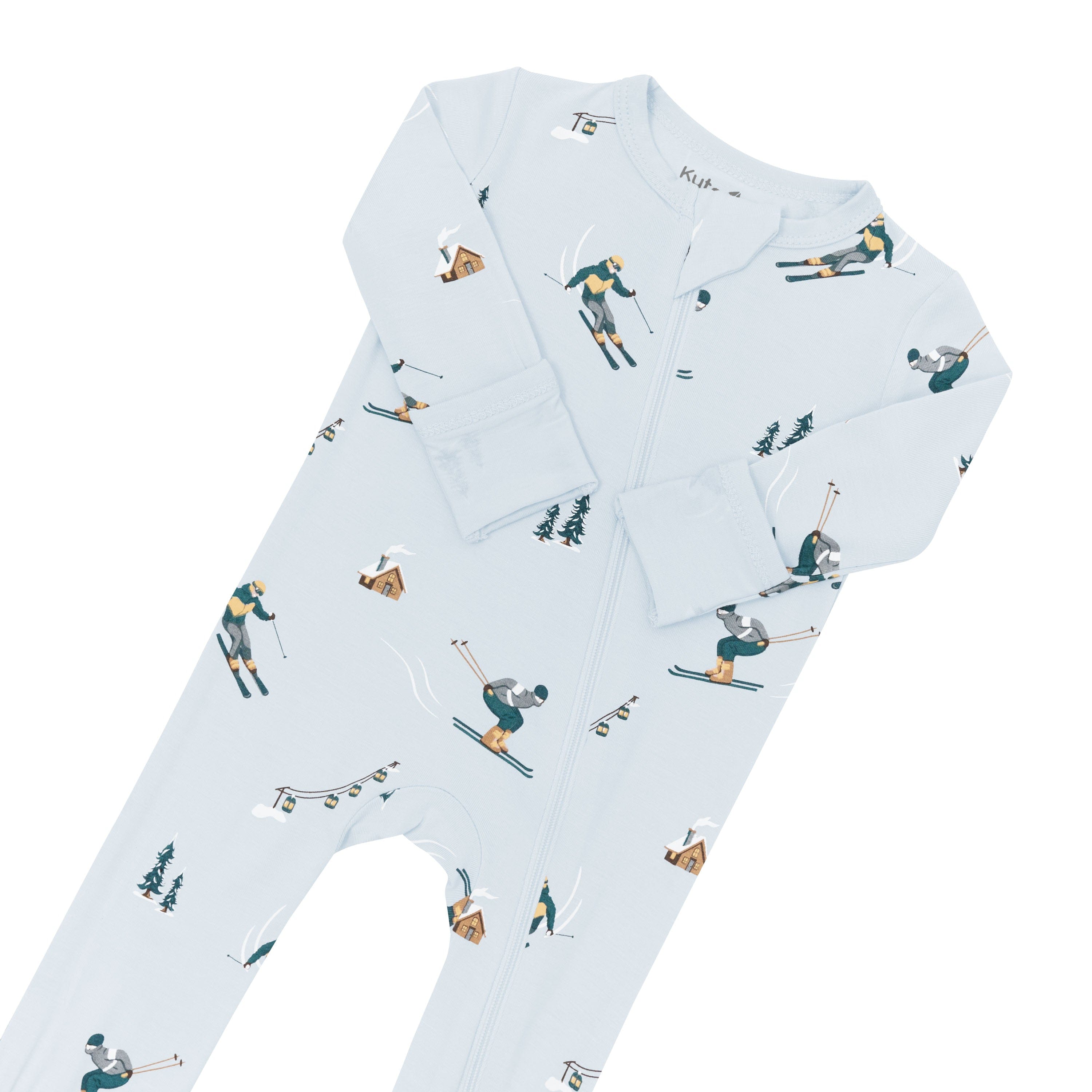 Close up of the zipper garage and fold over hand cuffs on the Zippered Romper in Ski