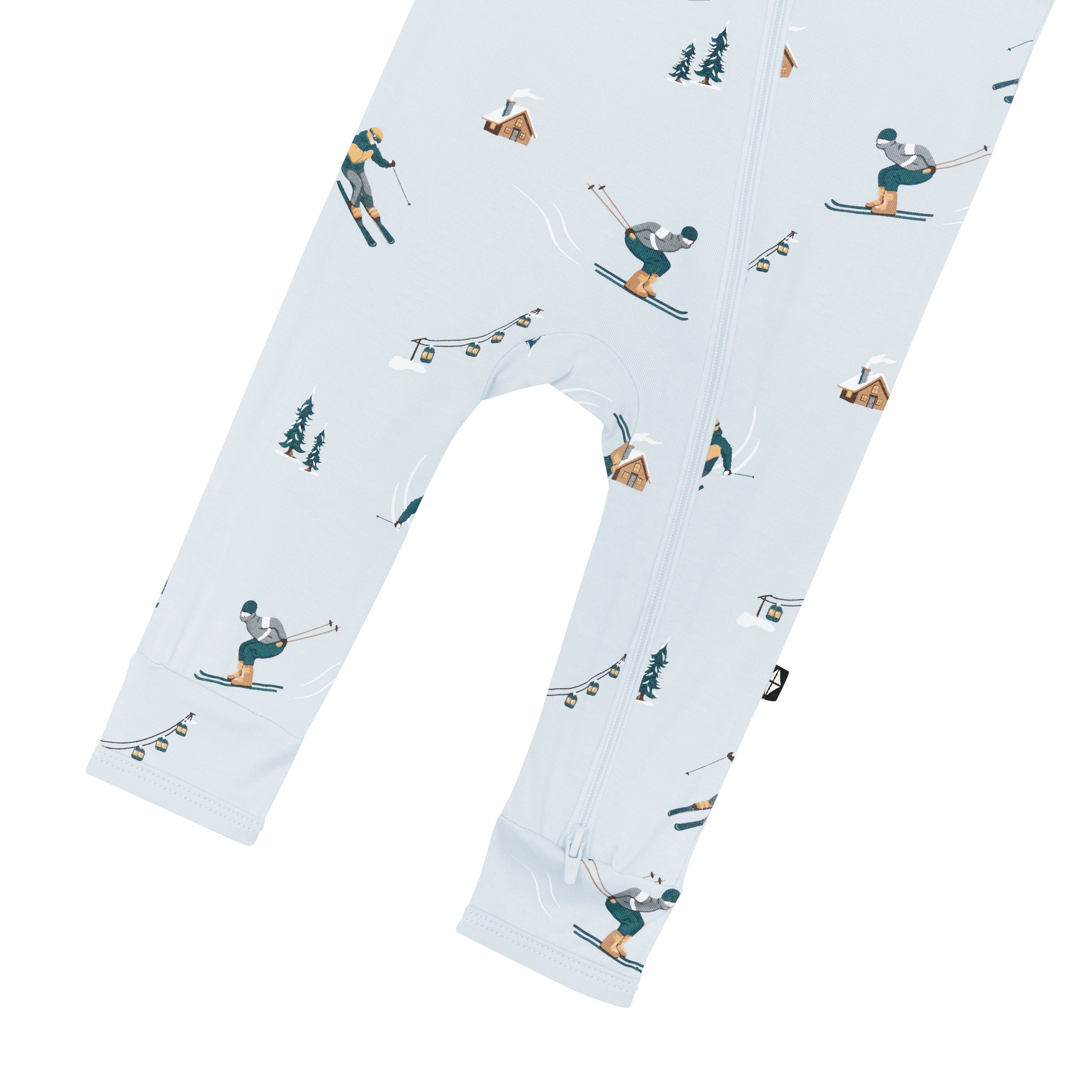 Bottom zipper shown on the leg of Zippered Romper in Ski