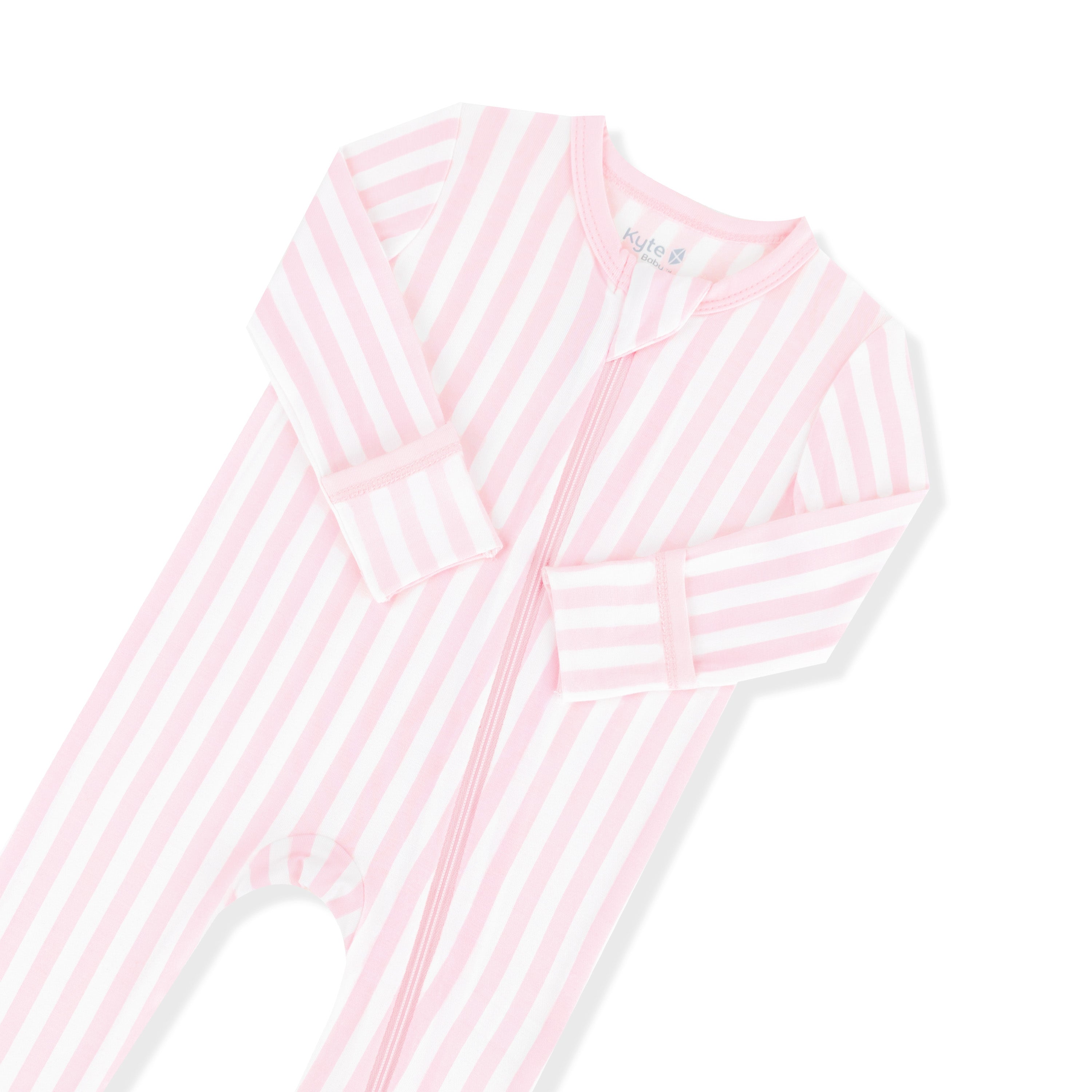 Zipper garage and fold over hand cuffs shown on the Zippered Romper in Small Sakura Stripe