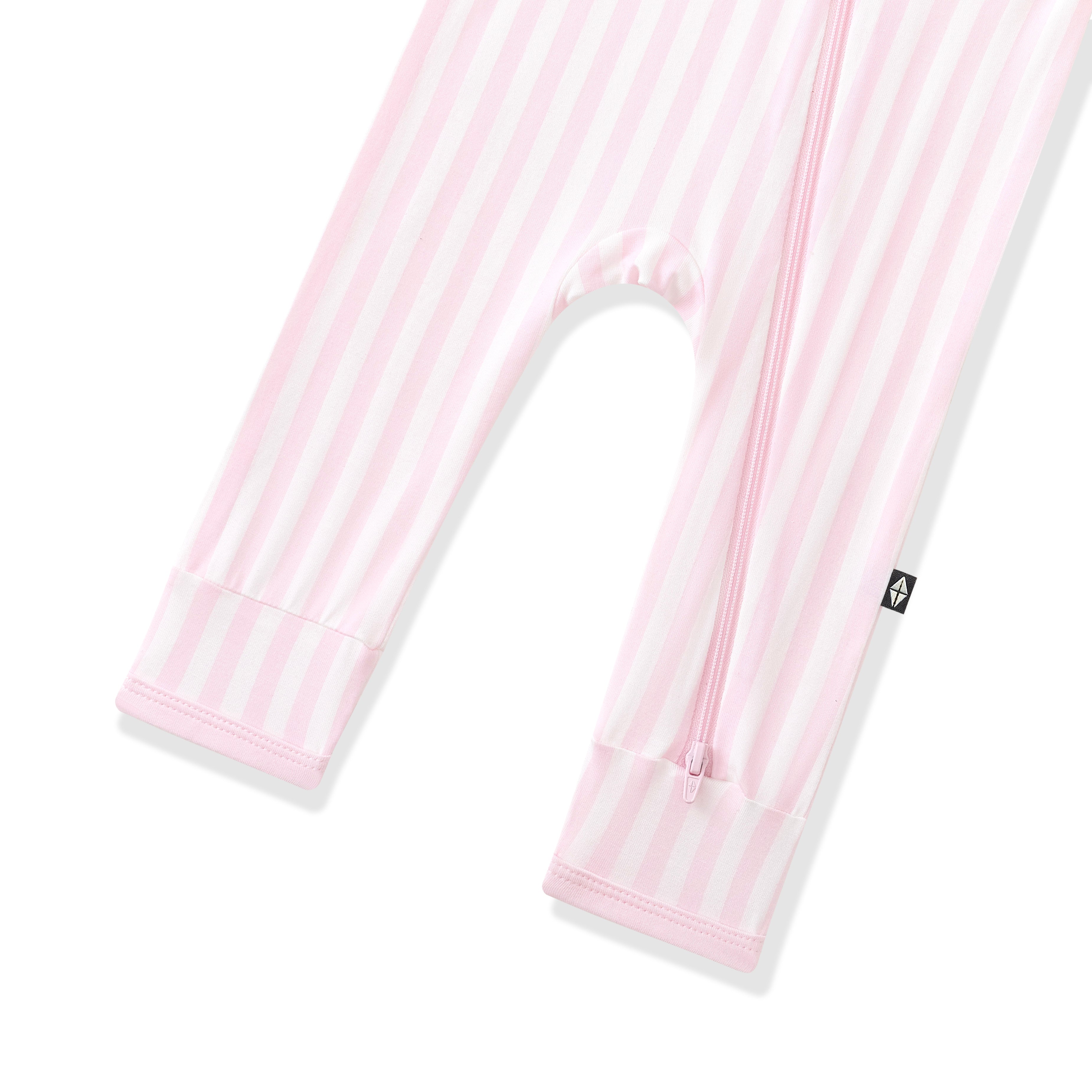 Zipper closure shown on the leg of the Zippered Romper in Small Sakura Stripe