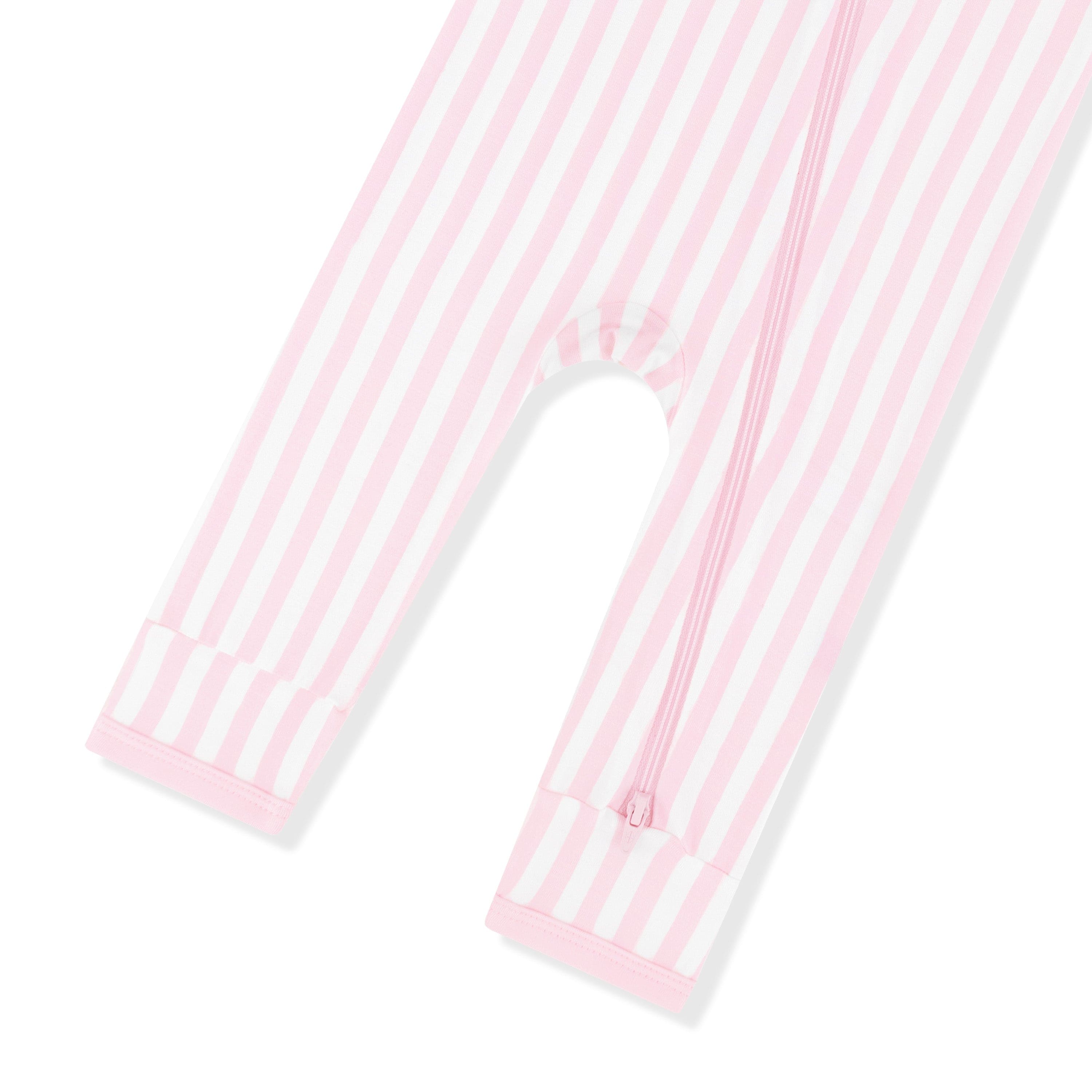 Zipper closure shown on the leg of the Zippered Romper in Small Sakura Stripe