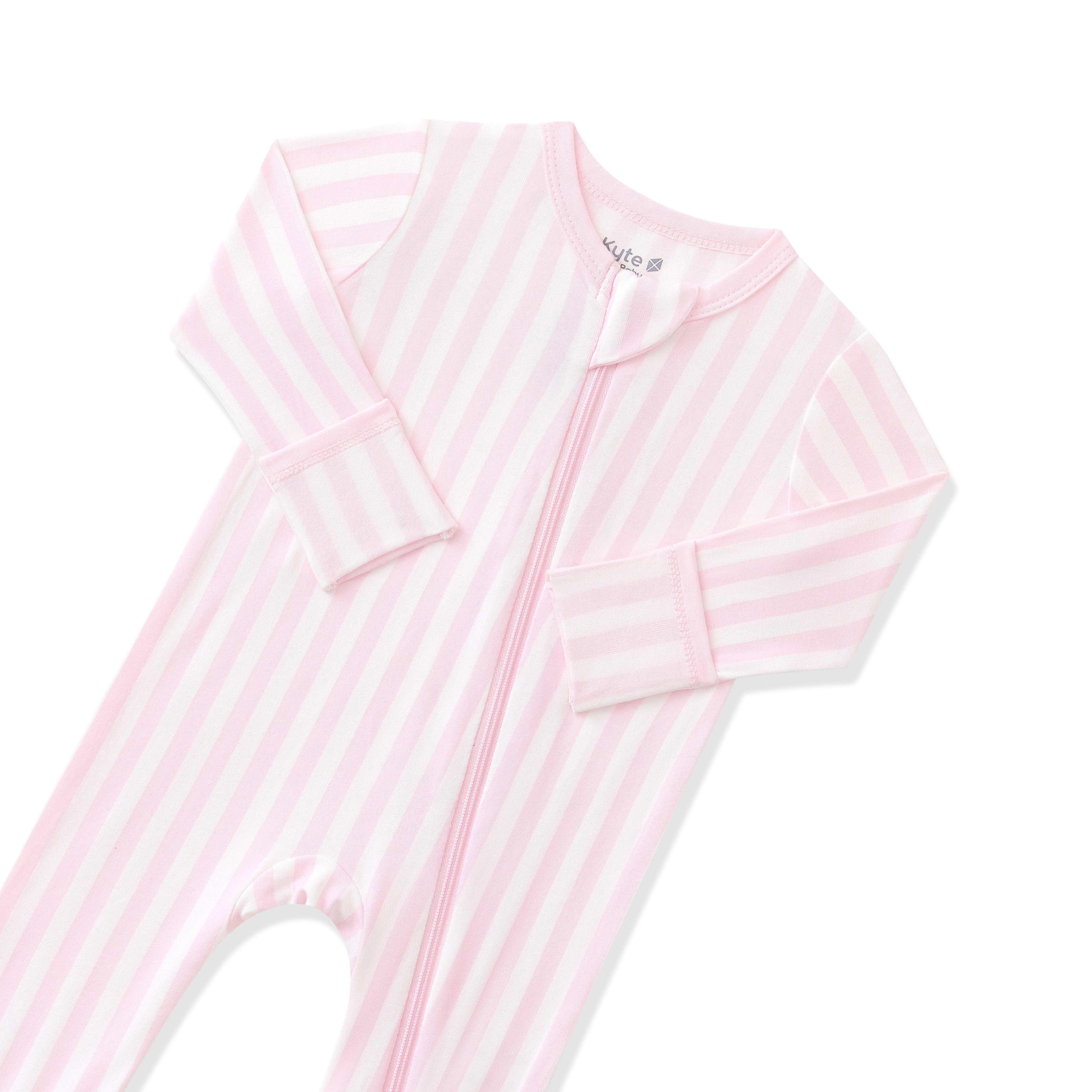 Zipper garage and fold over hand cuffs shown on the Zippered Romper in Small Sakura Stripe
