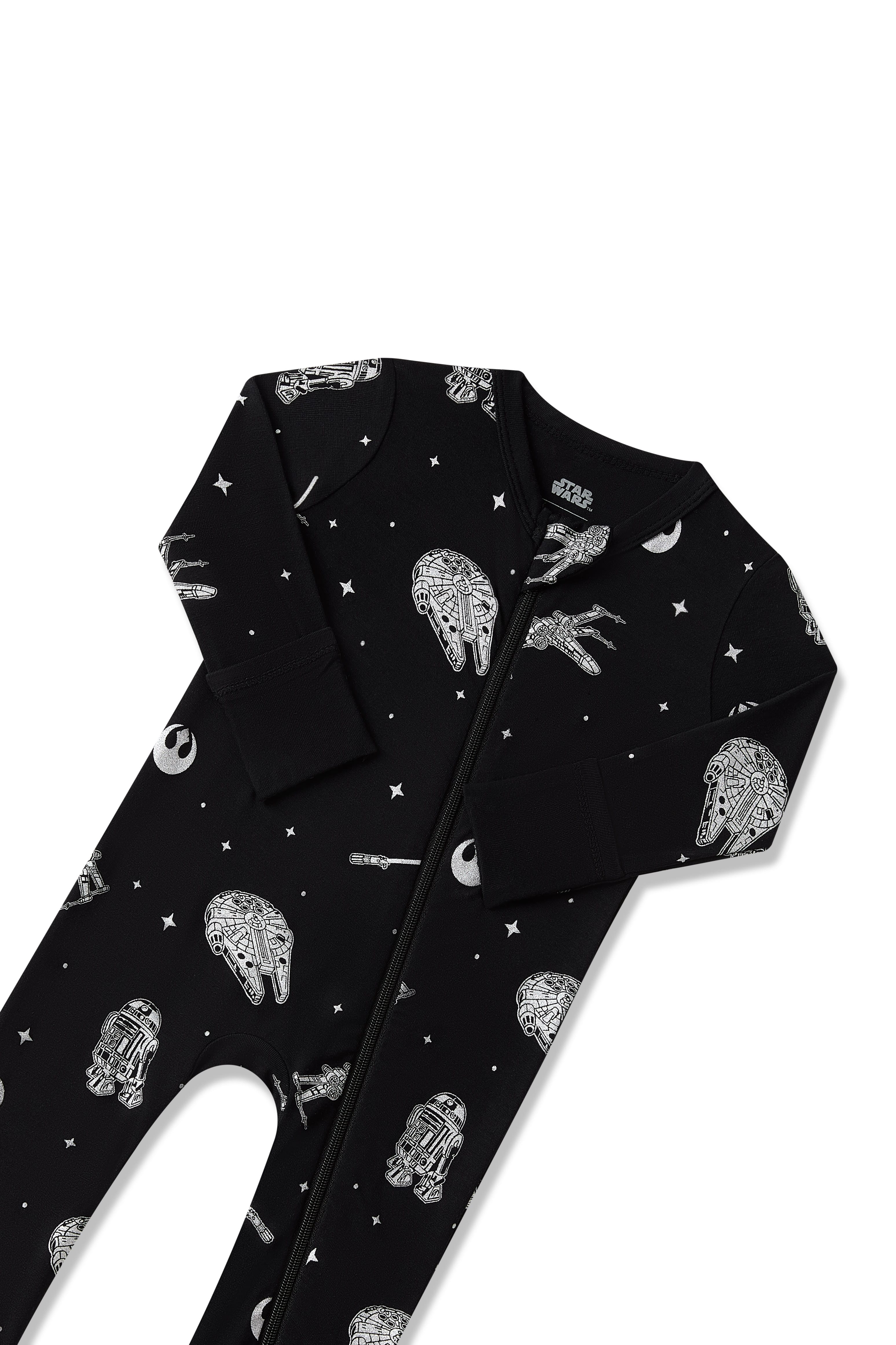 Close up of the zipper garage and fold over hand cuffs shown on the Zippered Romper in STAR WARS™
