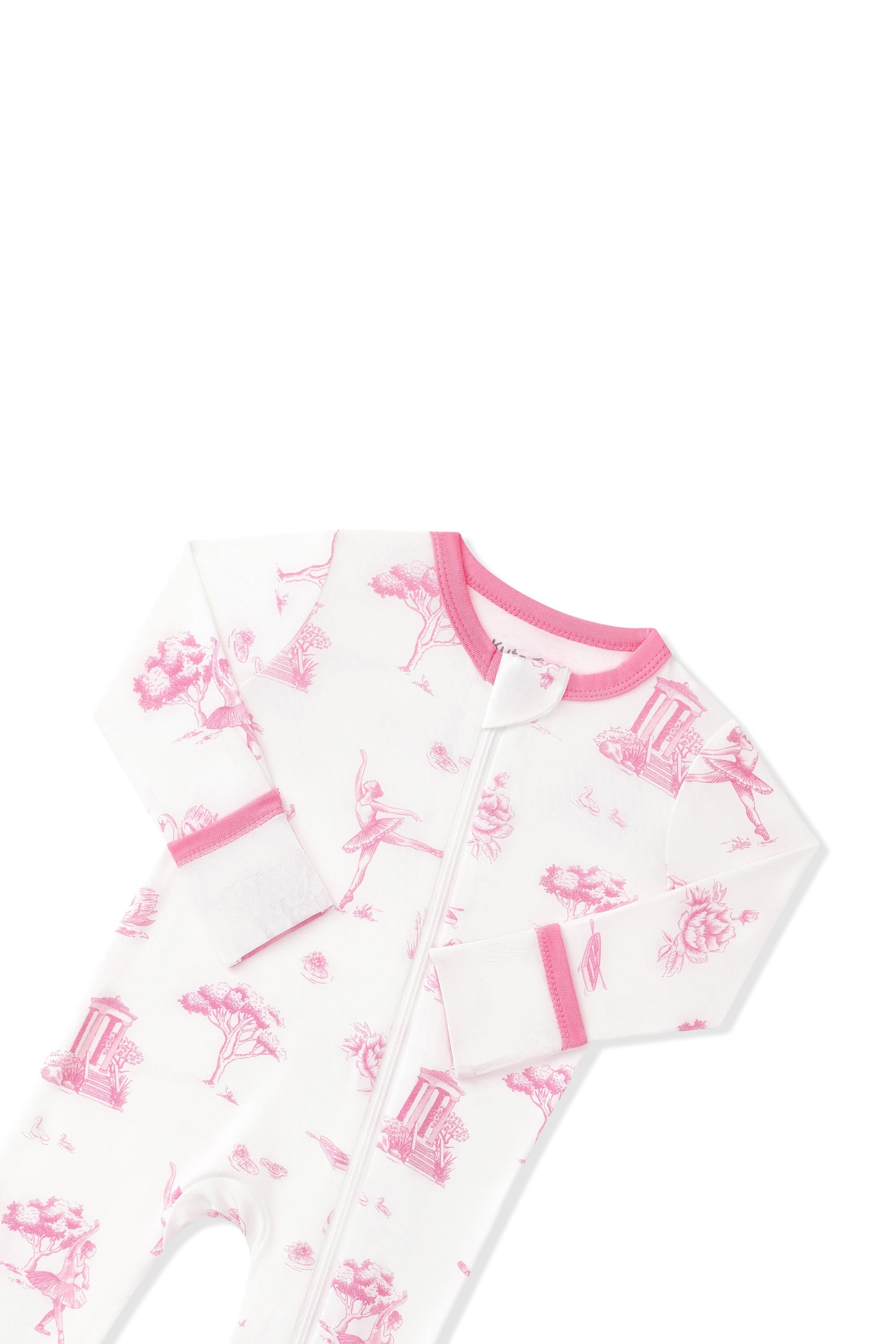 Close up of the zipper garage and fold over hand cuffs shown on the Zippered Romper in Toile Ballet