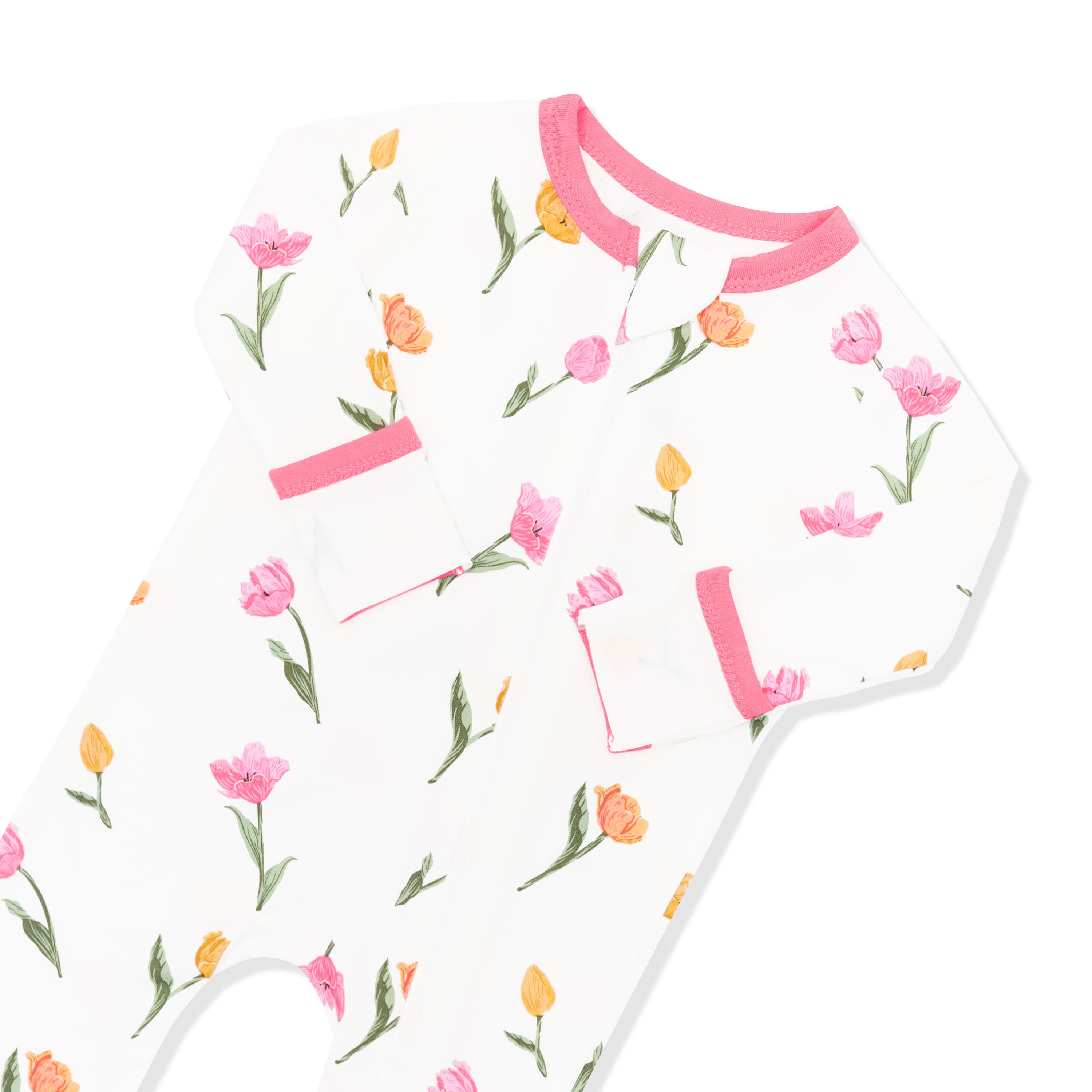 Zipper garage and fold over hand cuffs shown on the Zippered Romper in Tulip