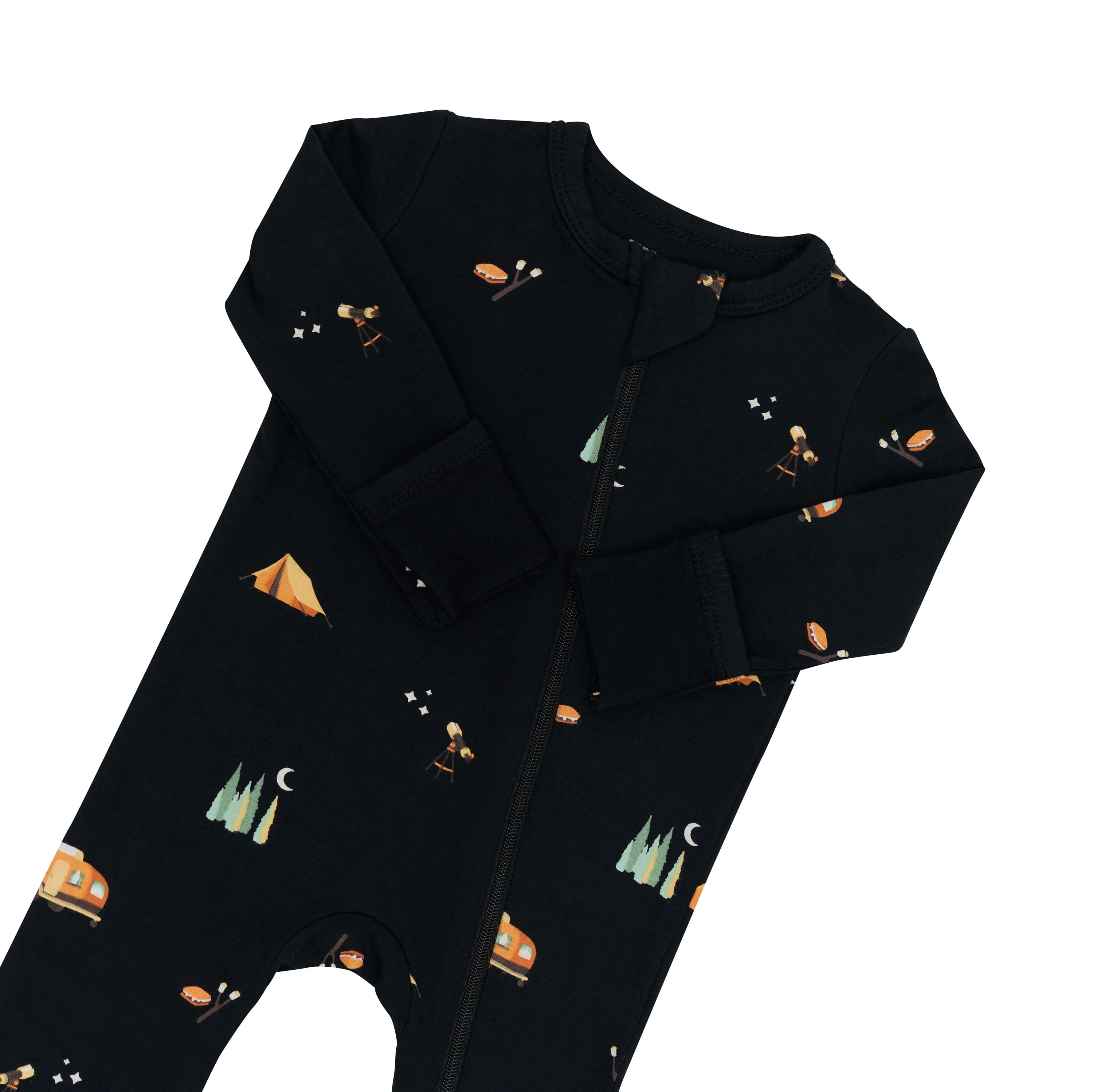 Zipper garage and fold over hand cuffs shown on the Zippered Romper in Under the Stars