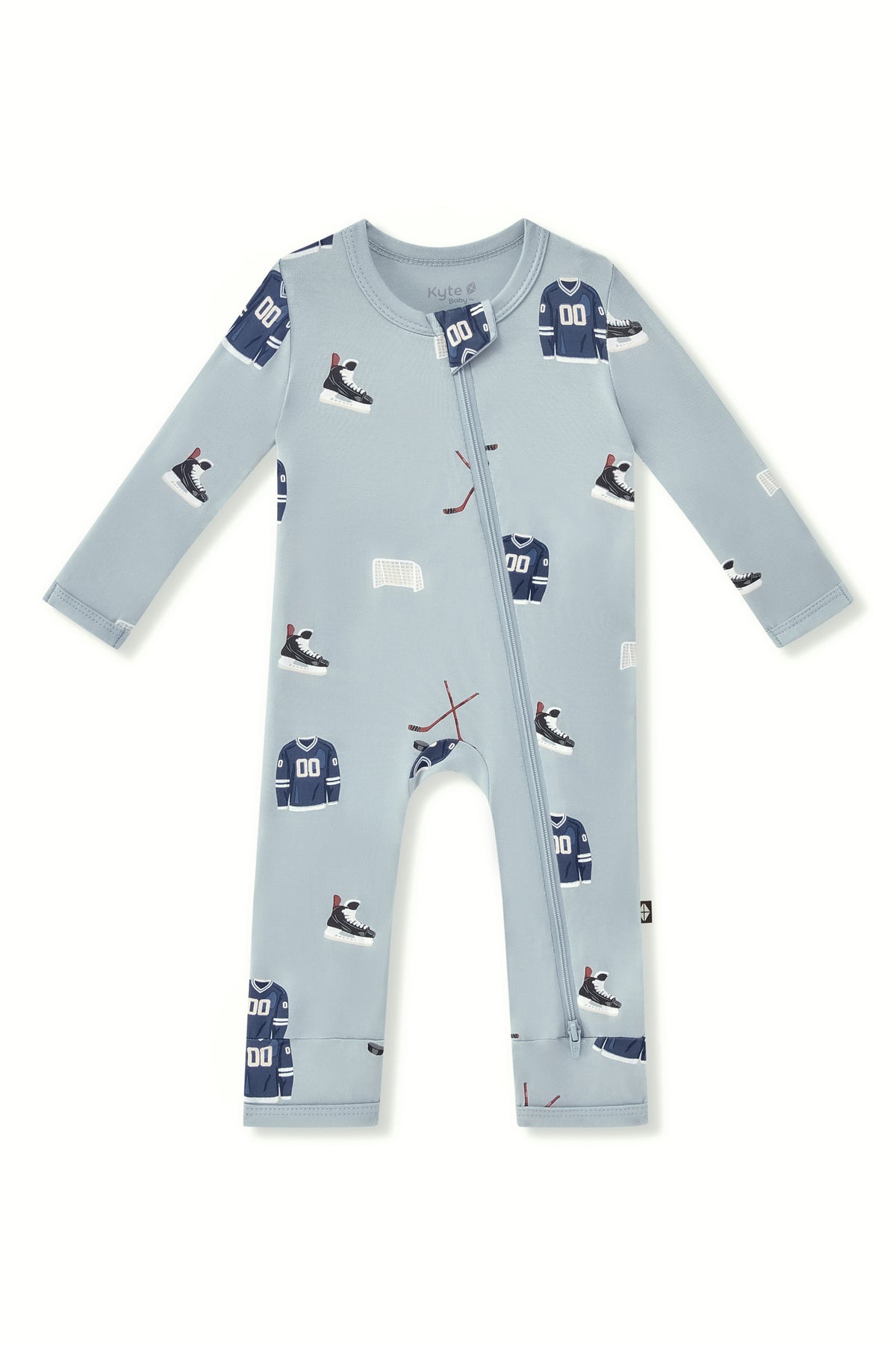 Zippered Romper in Vintage Hockey print on a white background