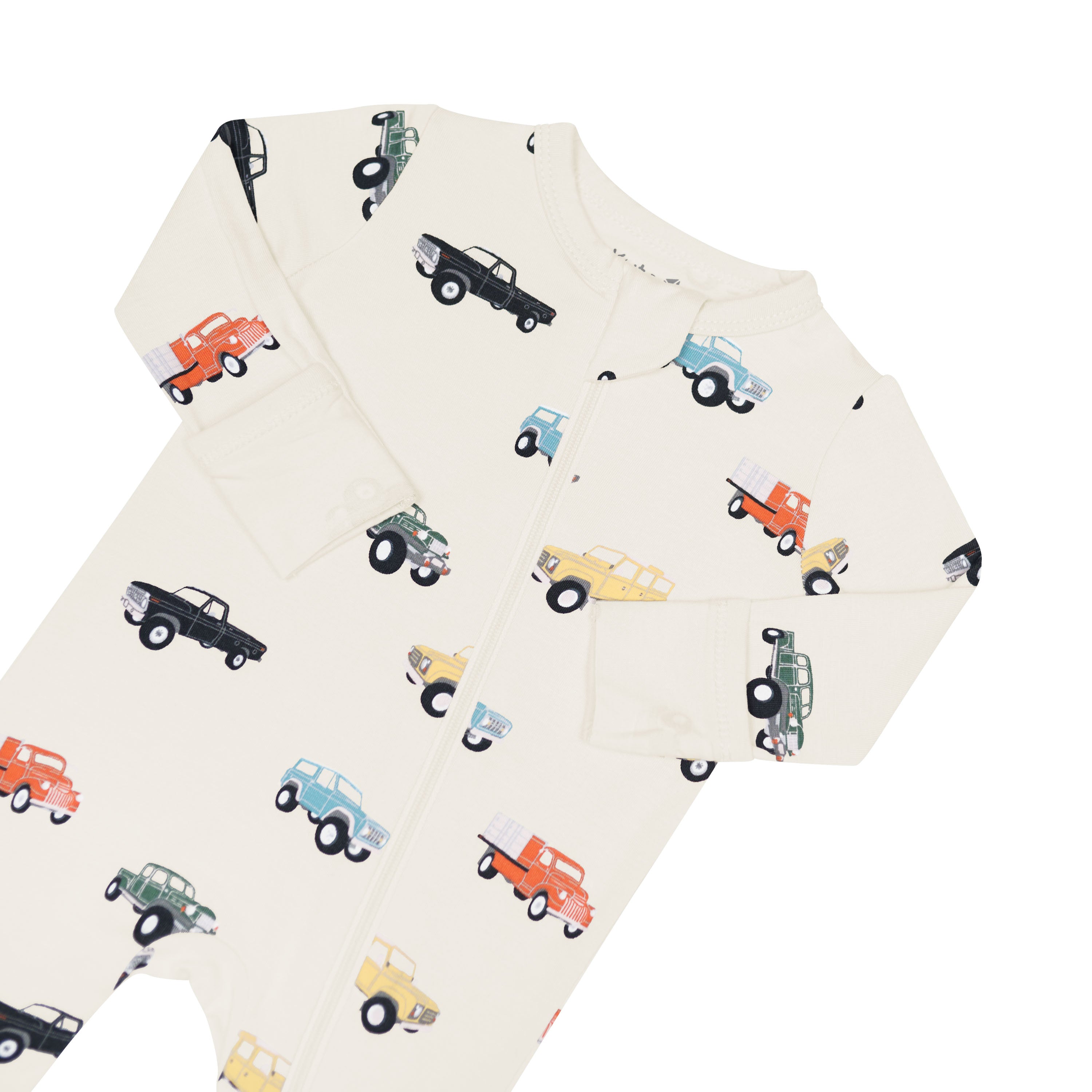 Zipper garage and fold over cuffs on the Zippered Romper in Vintage Truck