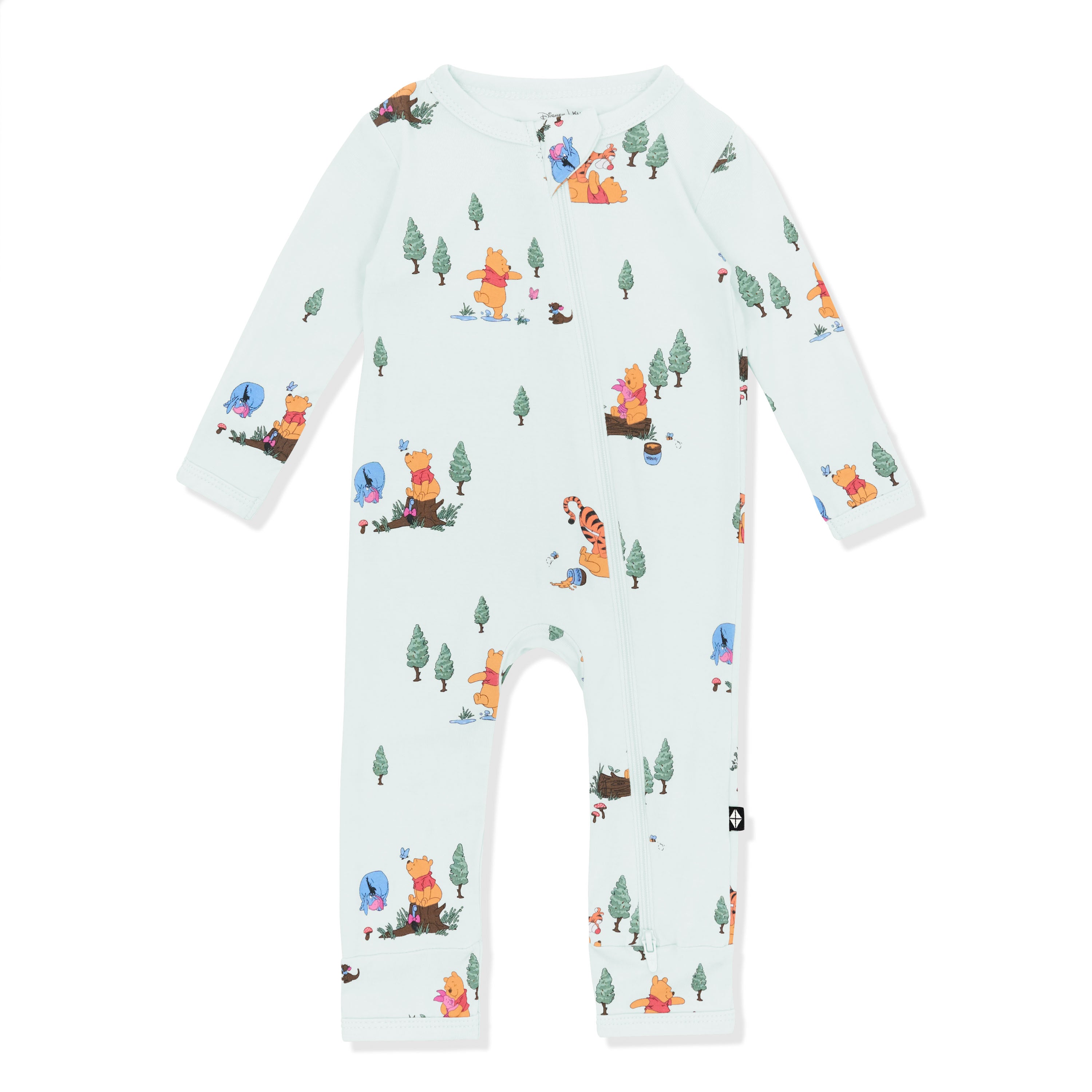 Product photo of the Zippered Romper in Winnie the Pooh Hundred Acre Wood on a white background