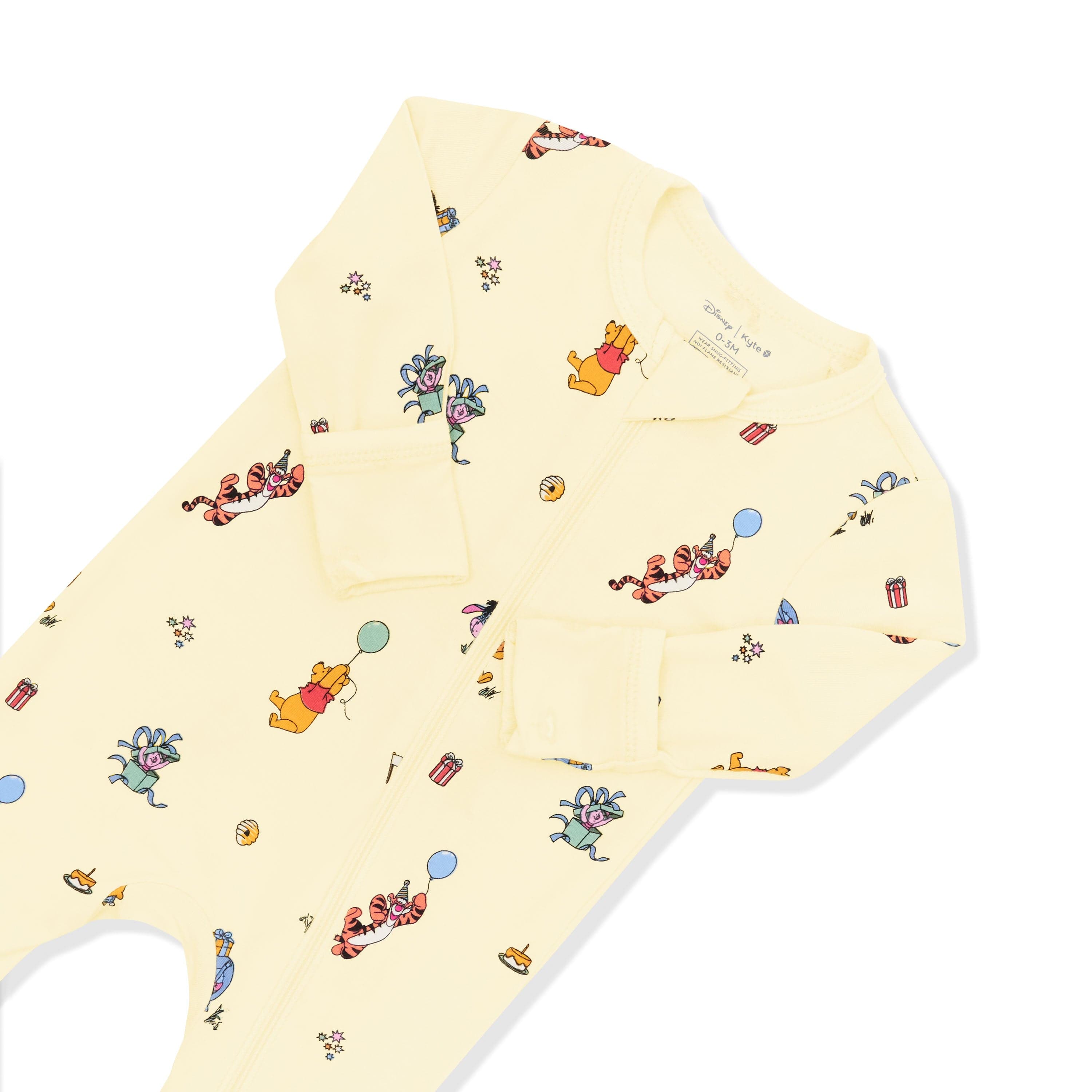 Zipper garage and fold over hand cuffs shown on the Zippered Romper in Winnie the Pooh Celebration