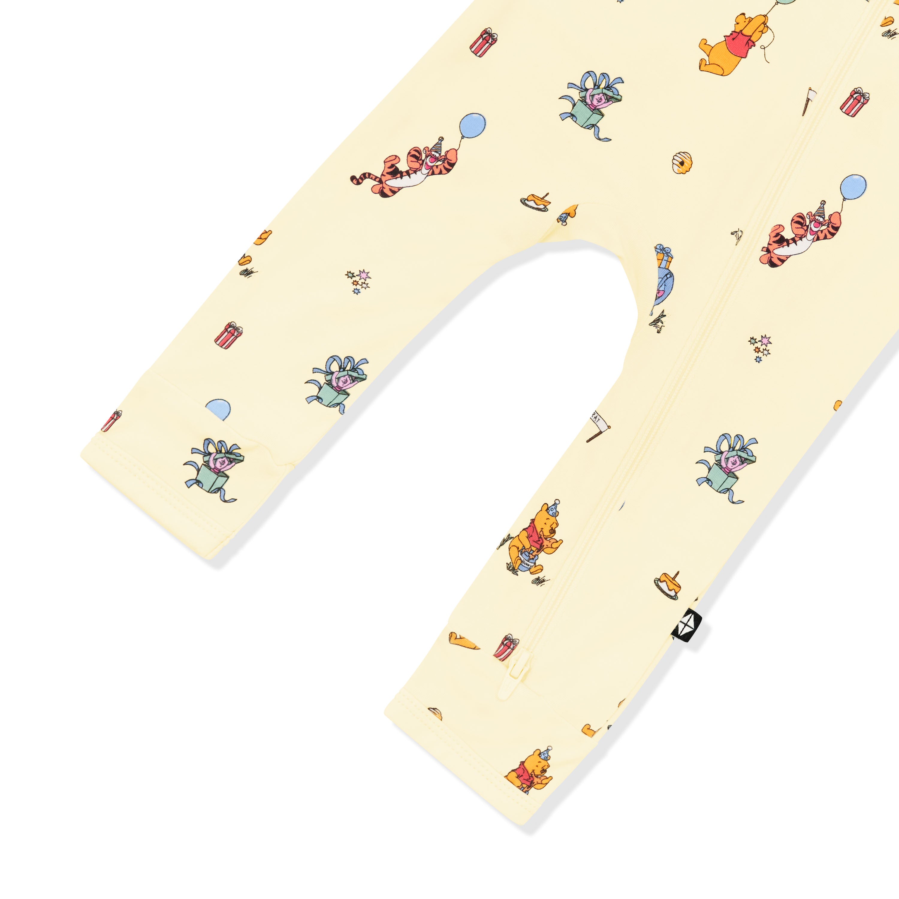 Zipper closure shown on the leg of the Zippered Romper in Winnie the Pooh Celebration