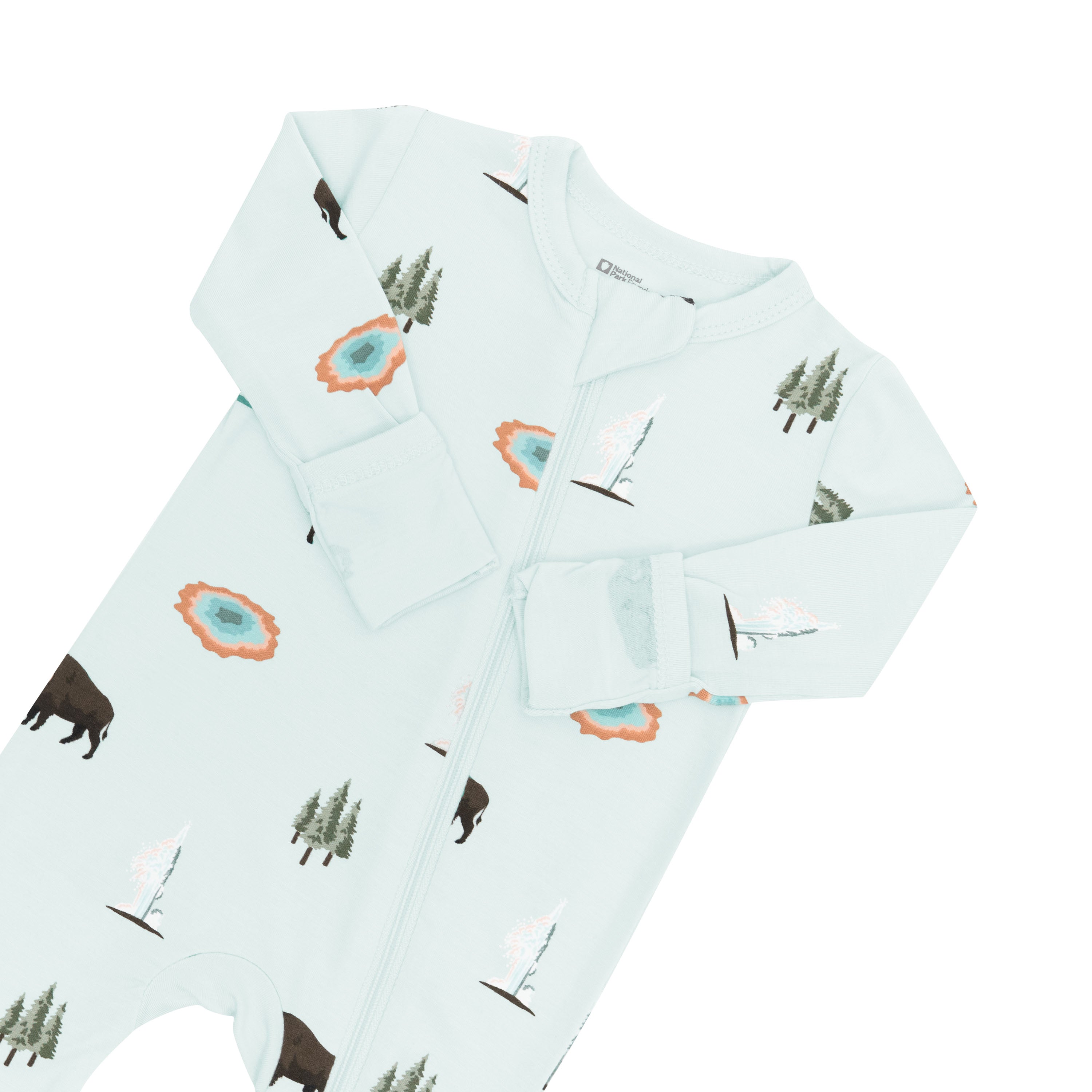 Zippered Romper in Yellowstone close up on zipper garage and foldable mittens
