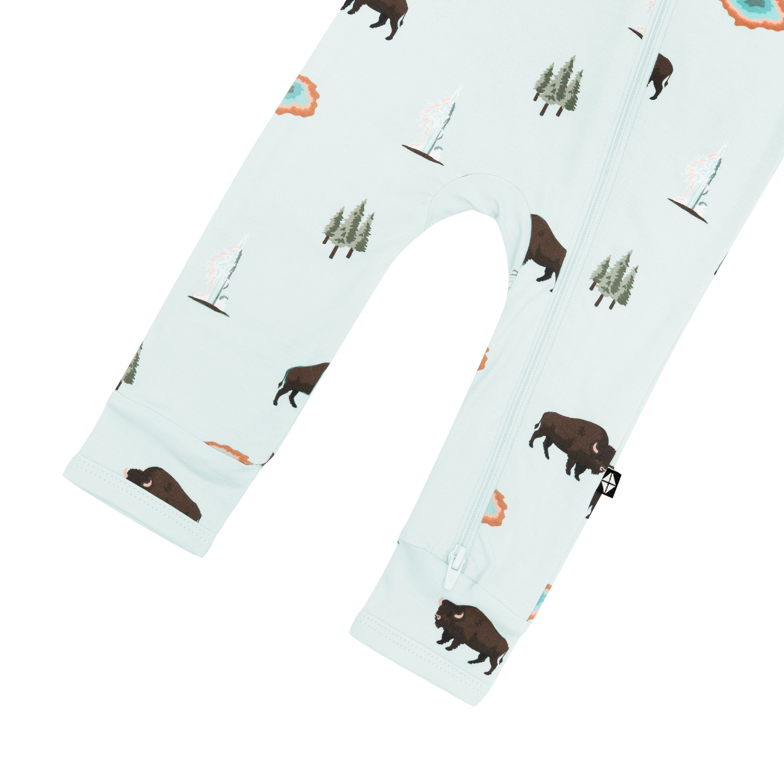 Zippered Romper in Yellowstone close up on zipper and feet holes