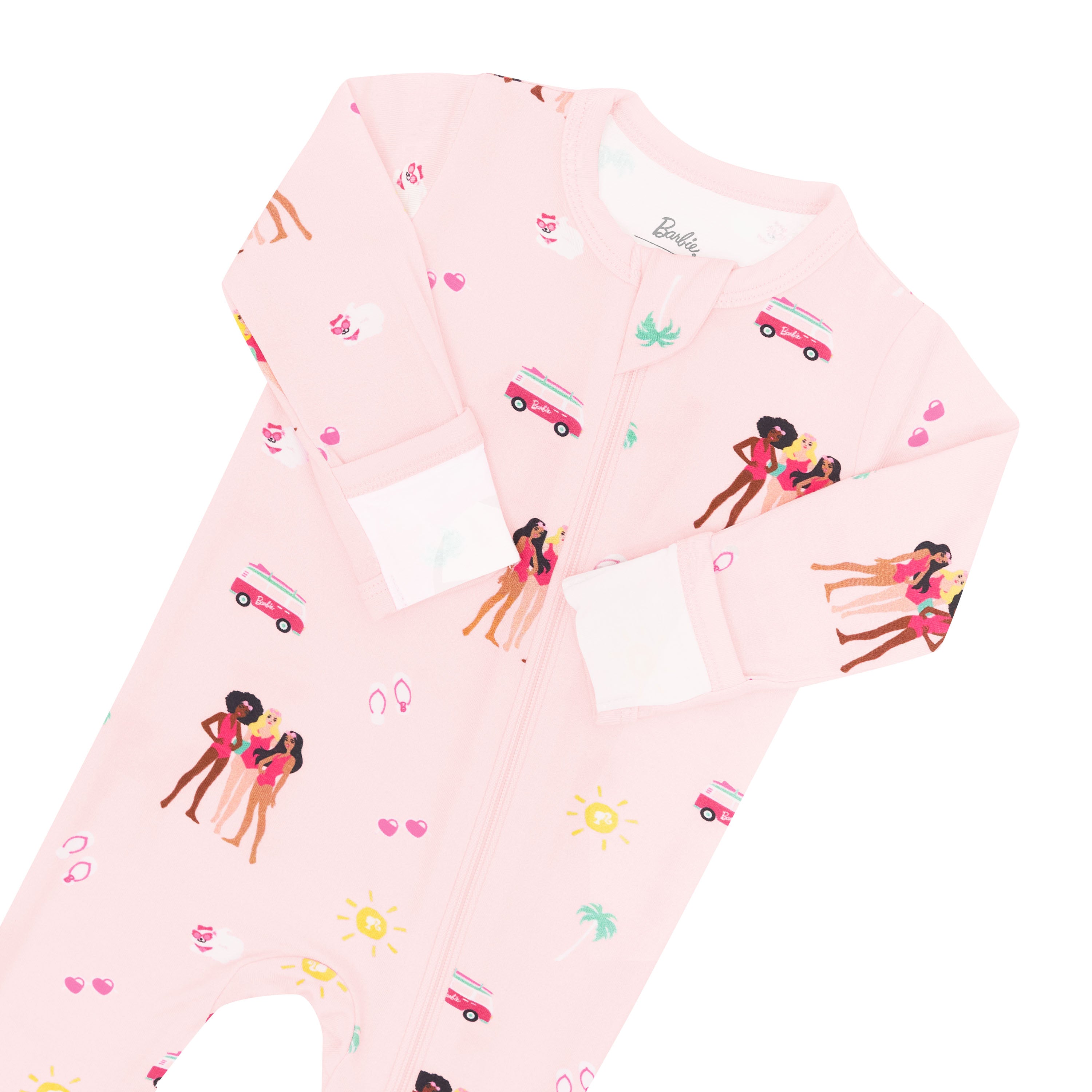 Zipper garage and fold over cuffs on Kyte Baby Zippered Footie Pajamas in Barbie™ Beach