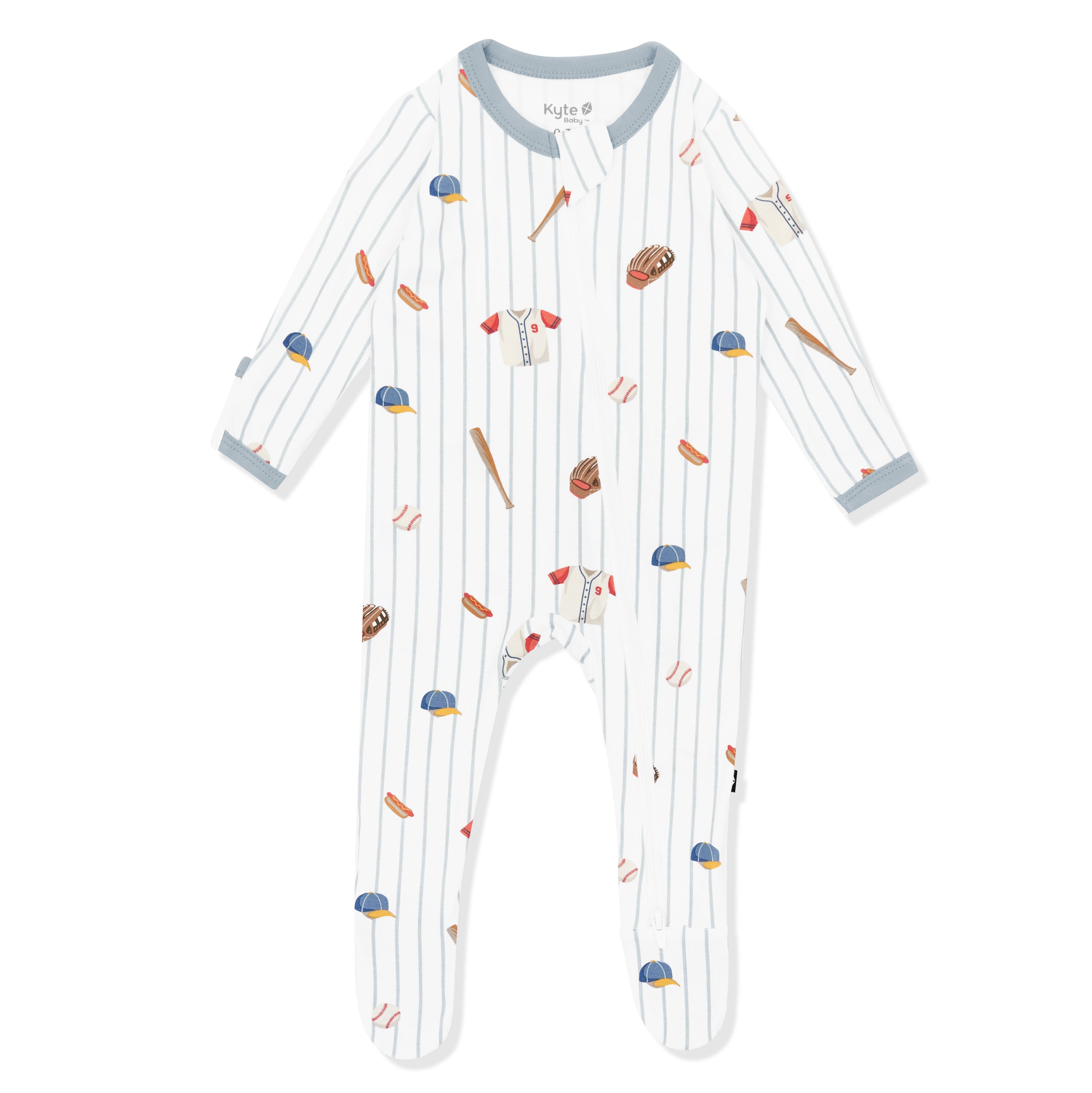 Zippered Footie in Home Run shown on a white surface