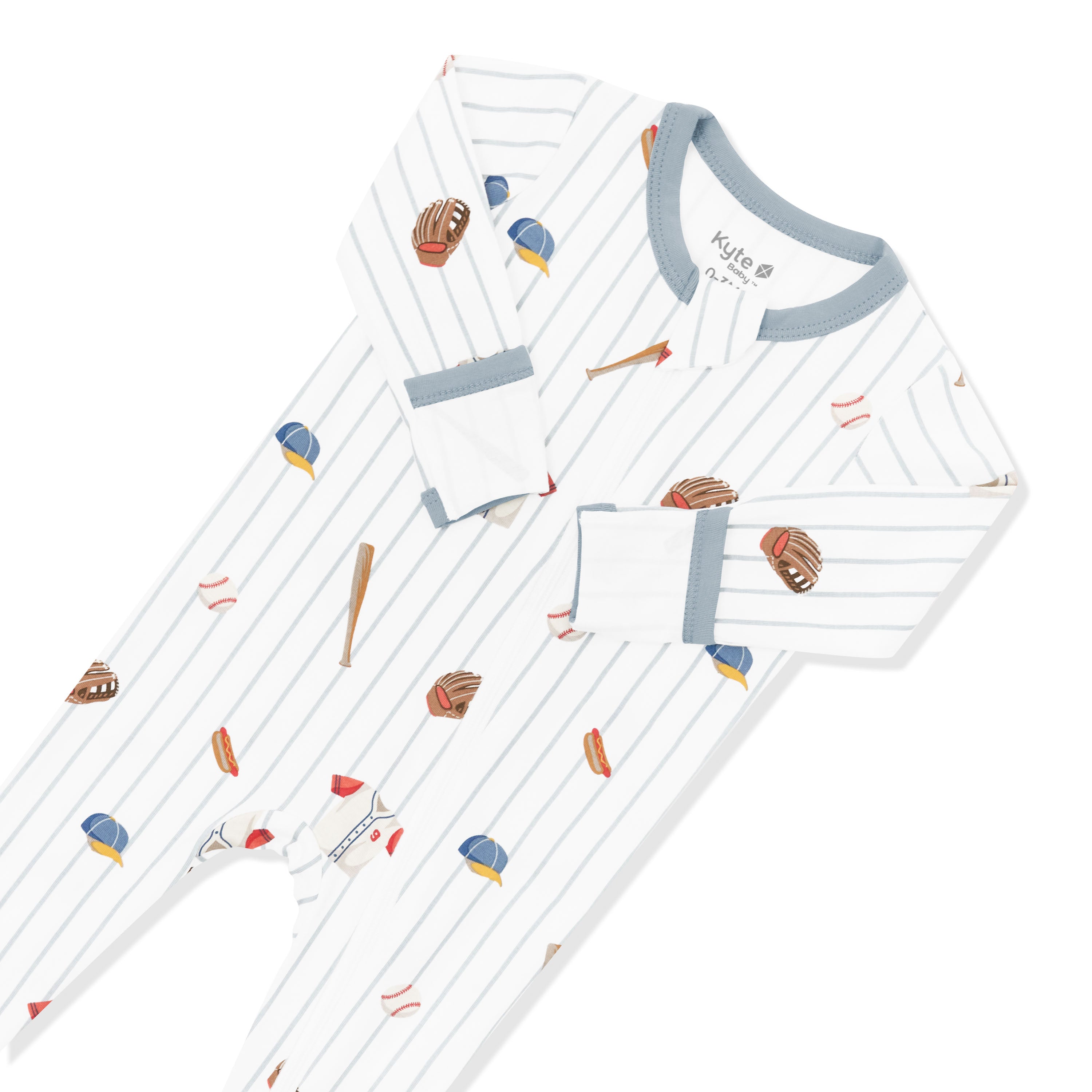 Close up of the zipper garage and fold over hand cuffs shown on the Zippered Footie in Home Run