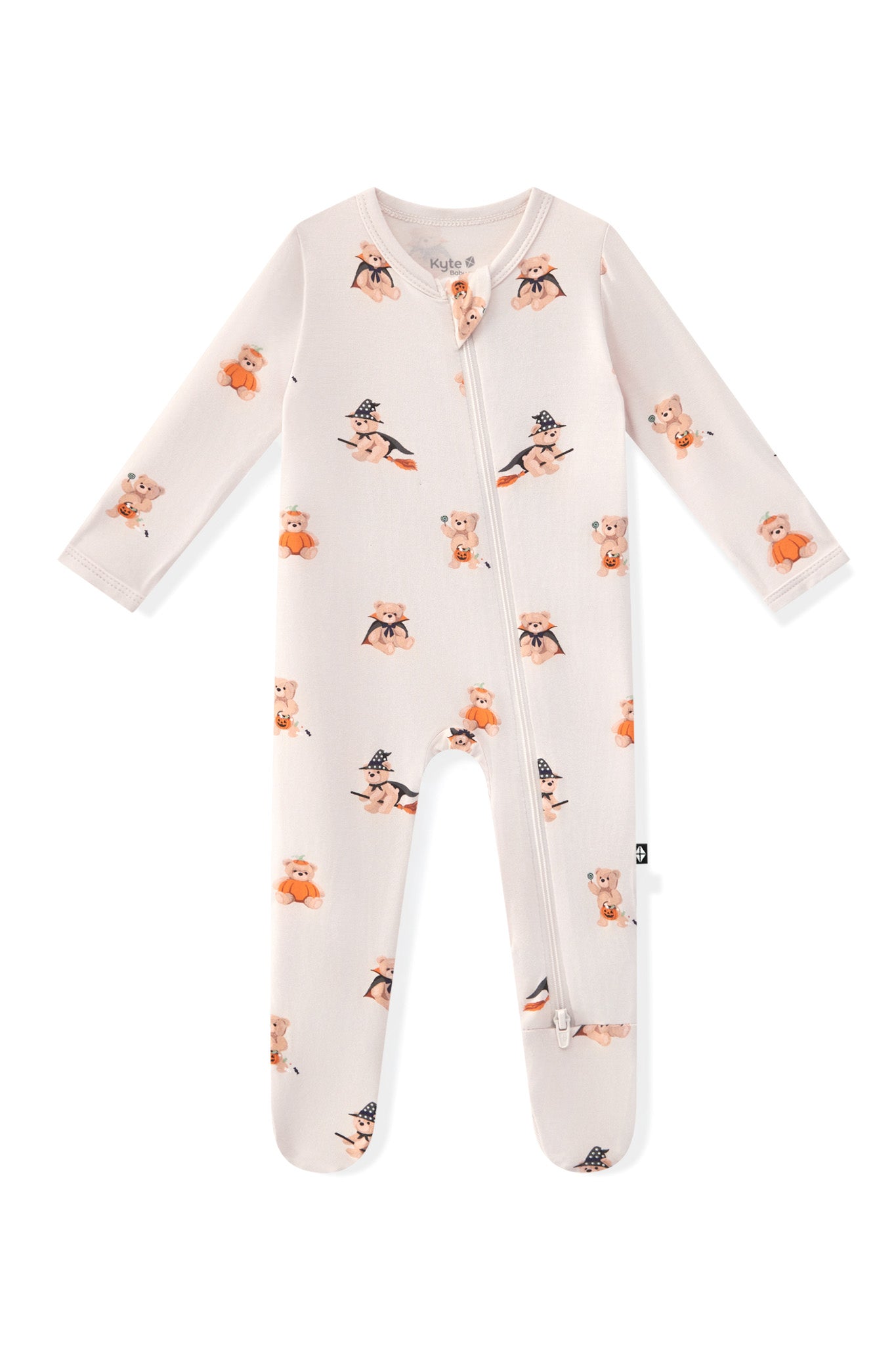 Beige Zippered Footie in Halloween Teddy print on a white background