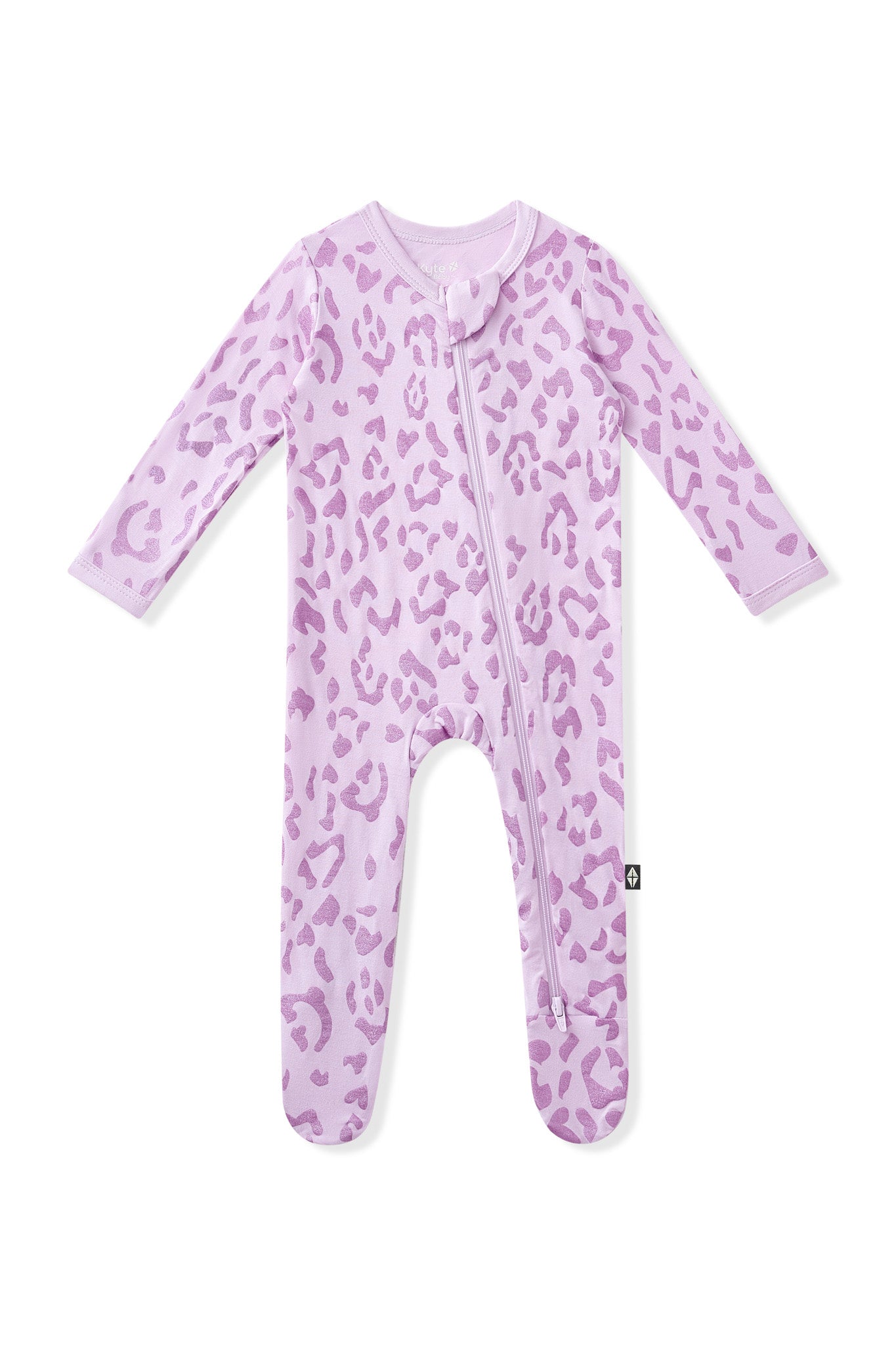 Zippered Footie in Thistle Leopard print on white background