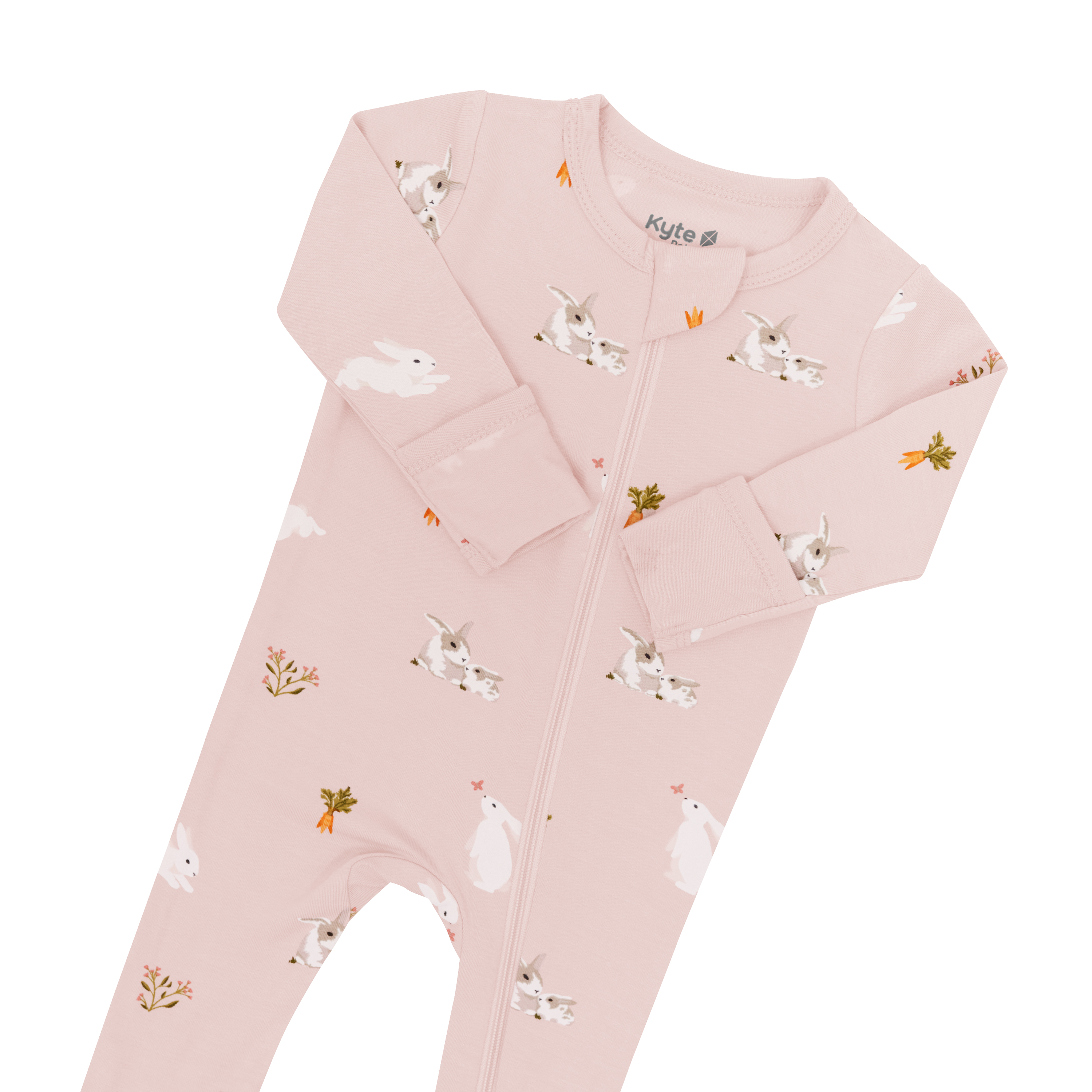 Zipper garage and zipper closure shown on the Zippered Footie in Blush Rabbit