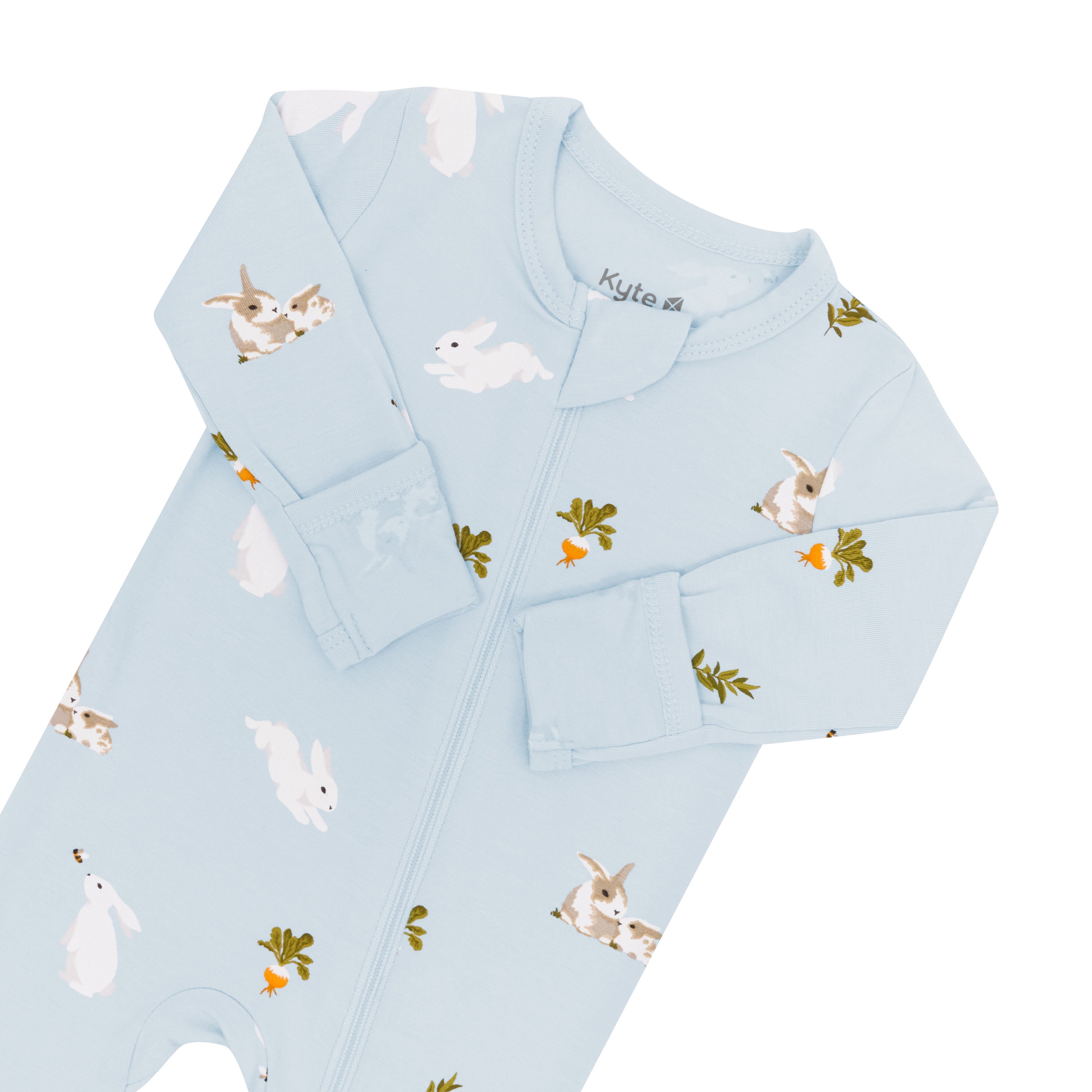 Foldover mittens on Zippered Footie bamboo pajamas in Ice Rabbit