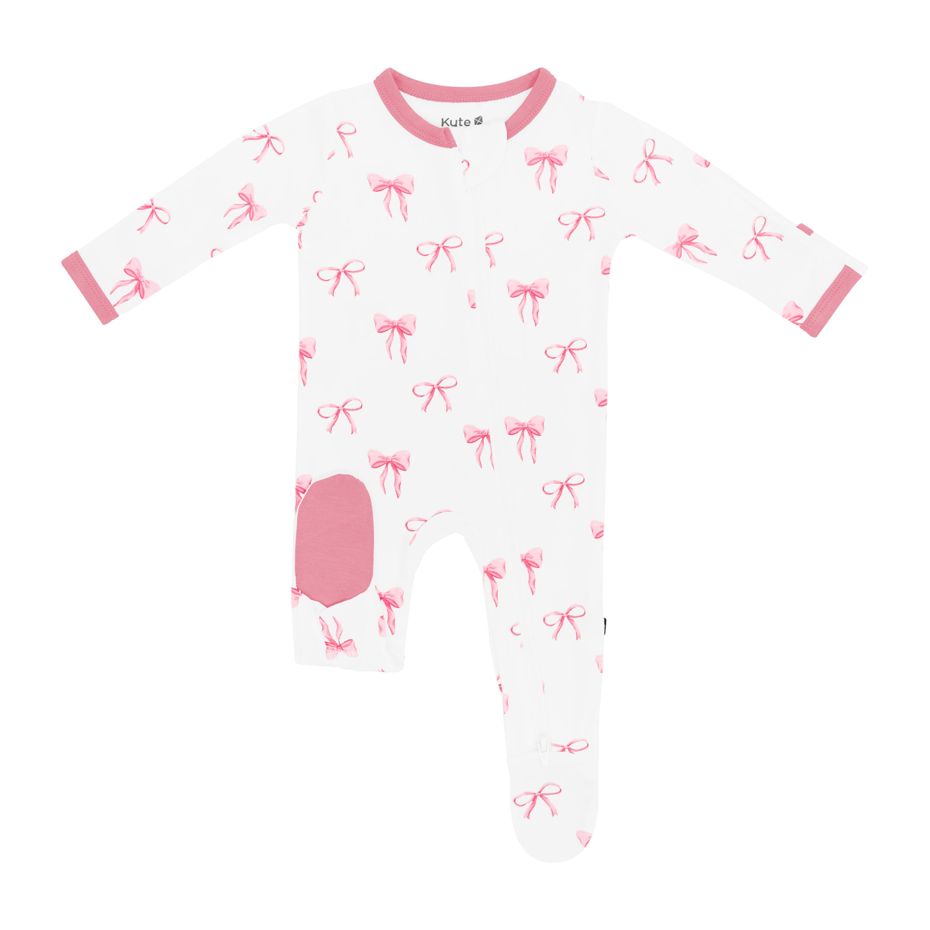 Sole grip on Zippered Footie in Bow with Apple Blossom pink trim
