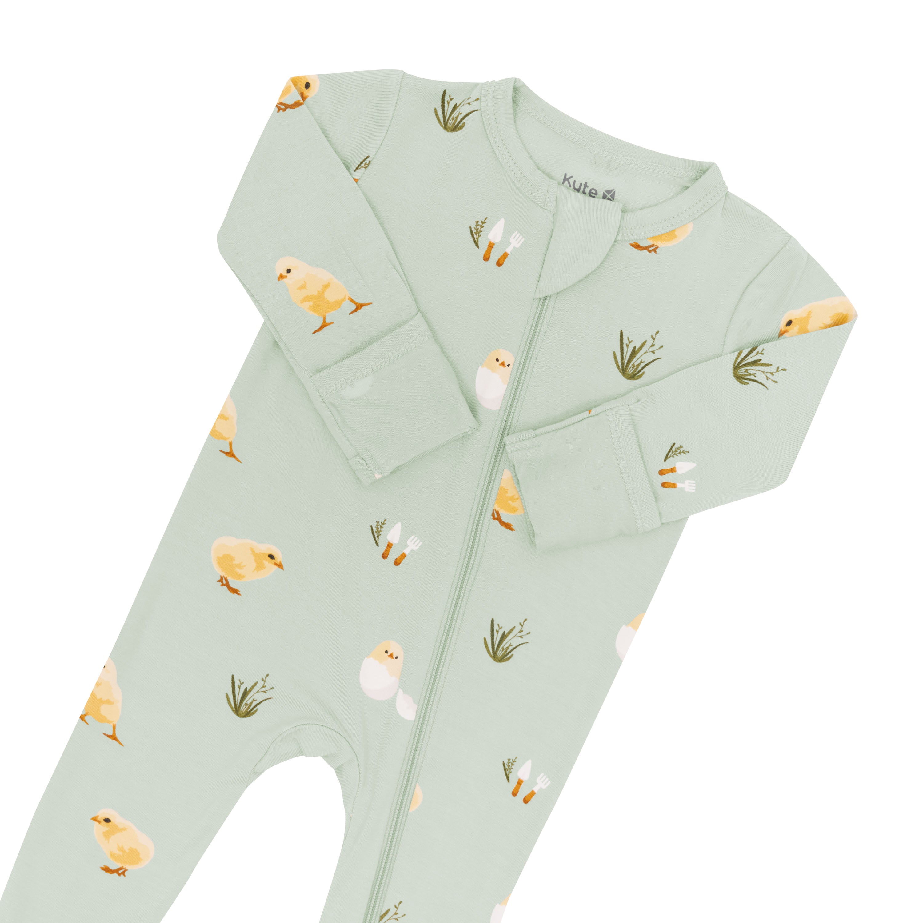 Zipper garage and zipper closure on the Zippered Footie in Aloe Chick