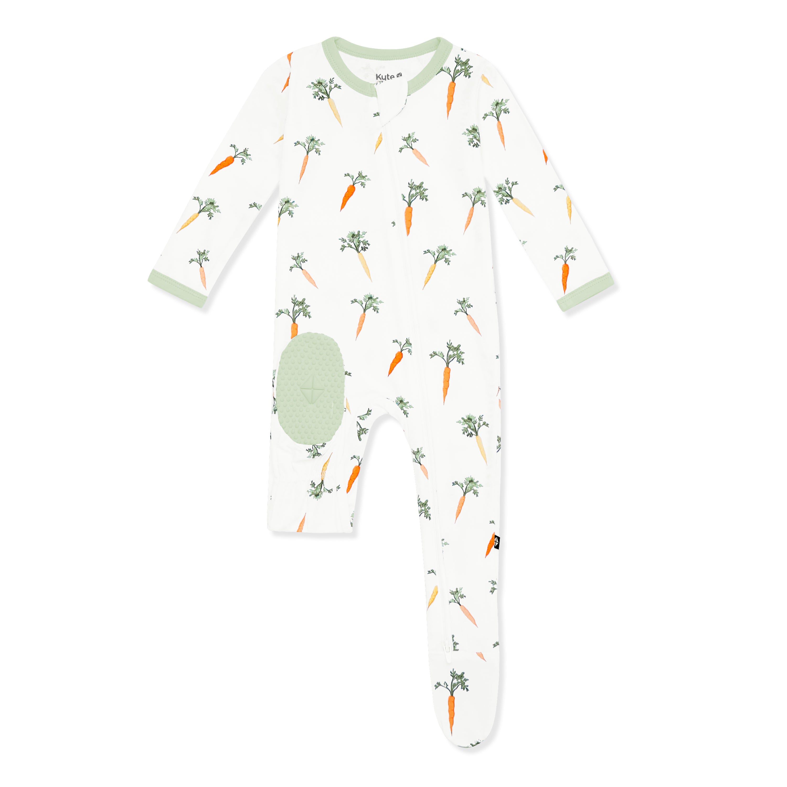 Green colored foot pad shown on the Zippered Footie in Carrot