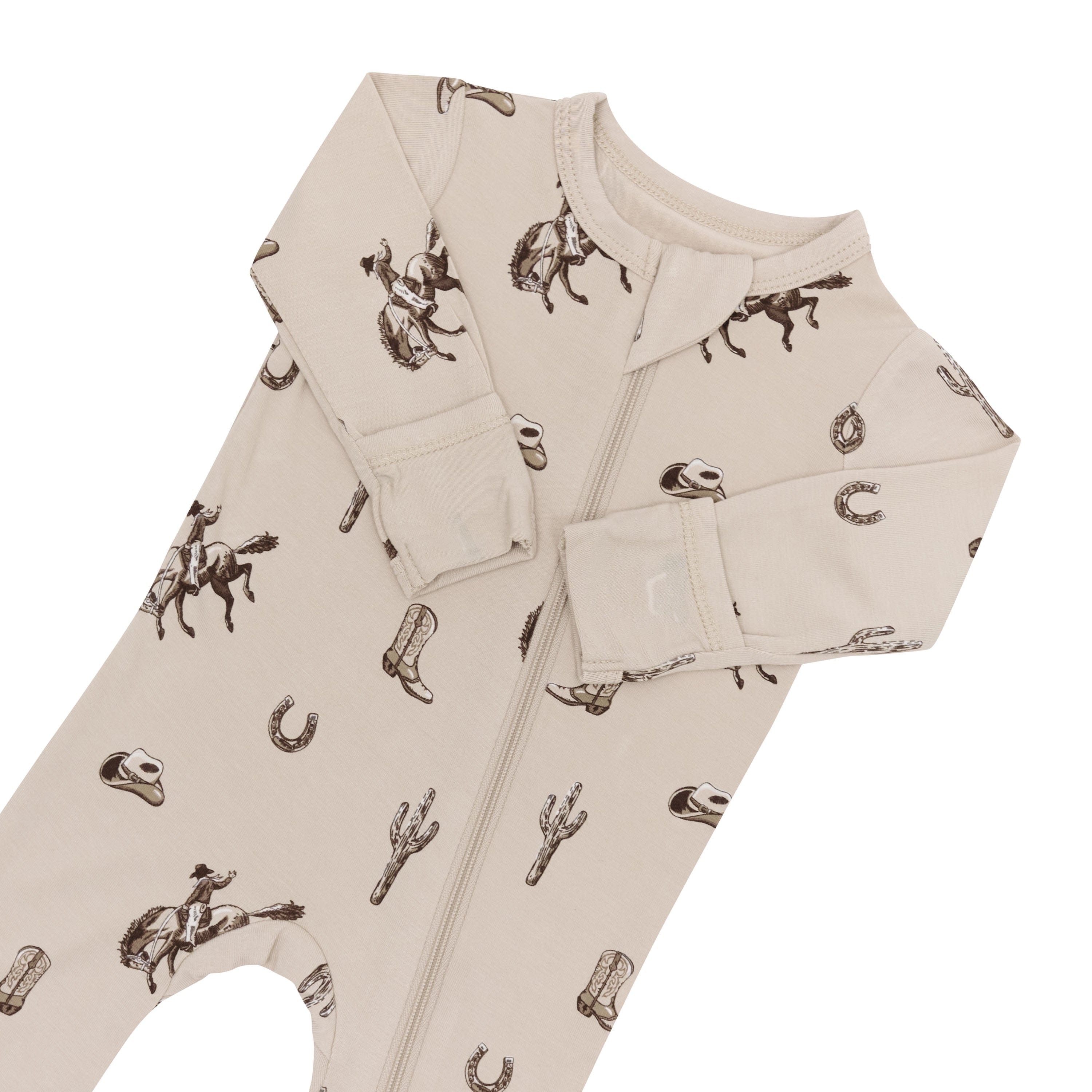 Zipper garage and fold over hand cuffs shown on the Zippered Footie in Classic Cowboy