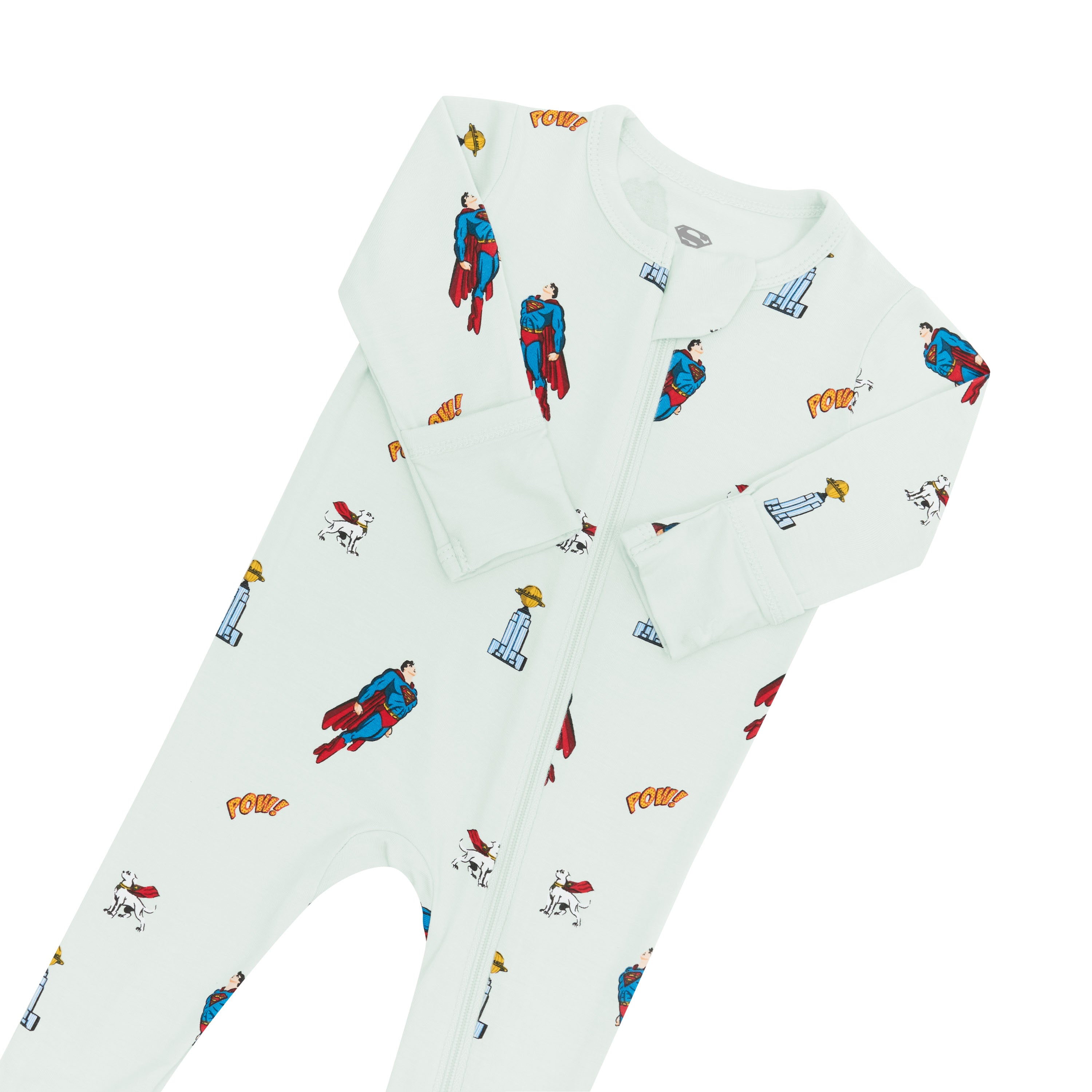 Close up of zipper garage and fold over cuffs on Zippered Footie in Superman™