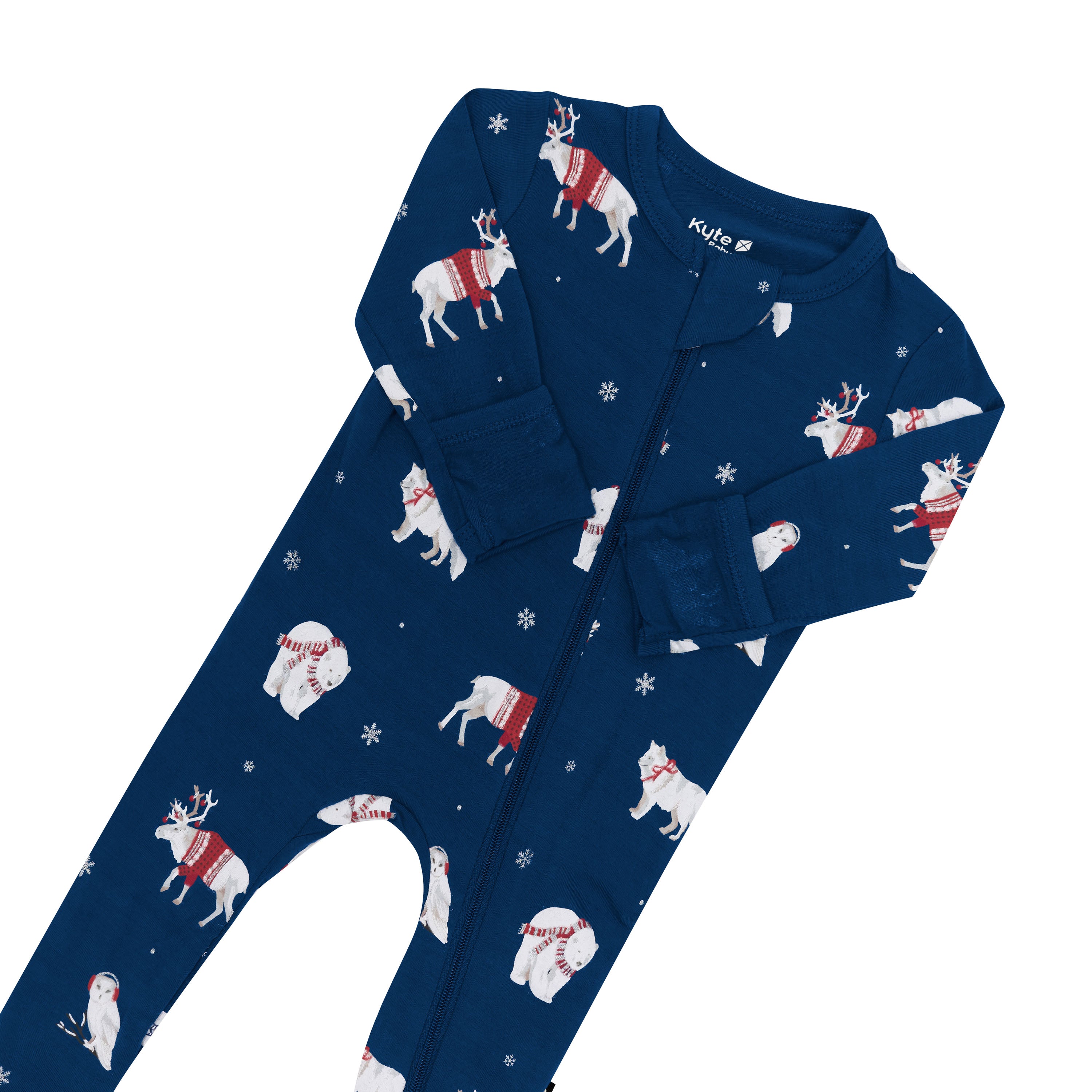 Close up of the zipper garage and fold over hand cuffs shown on the Zippered Footie in Frosty Friends