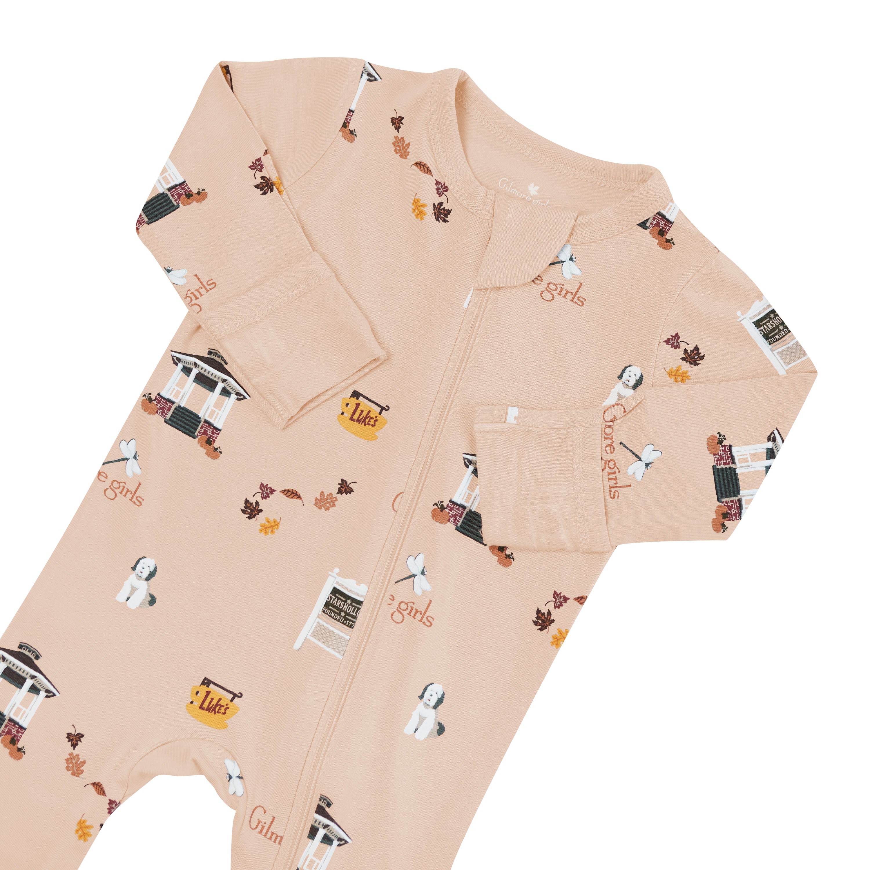 Beige baby zippered footie with Gilmore Girls print showing zipper garage and foldable cuffs on a white background